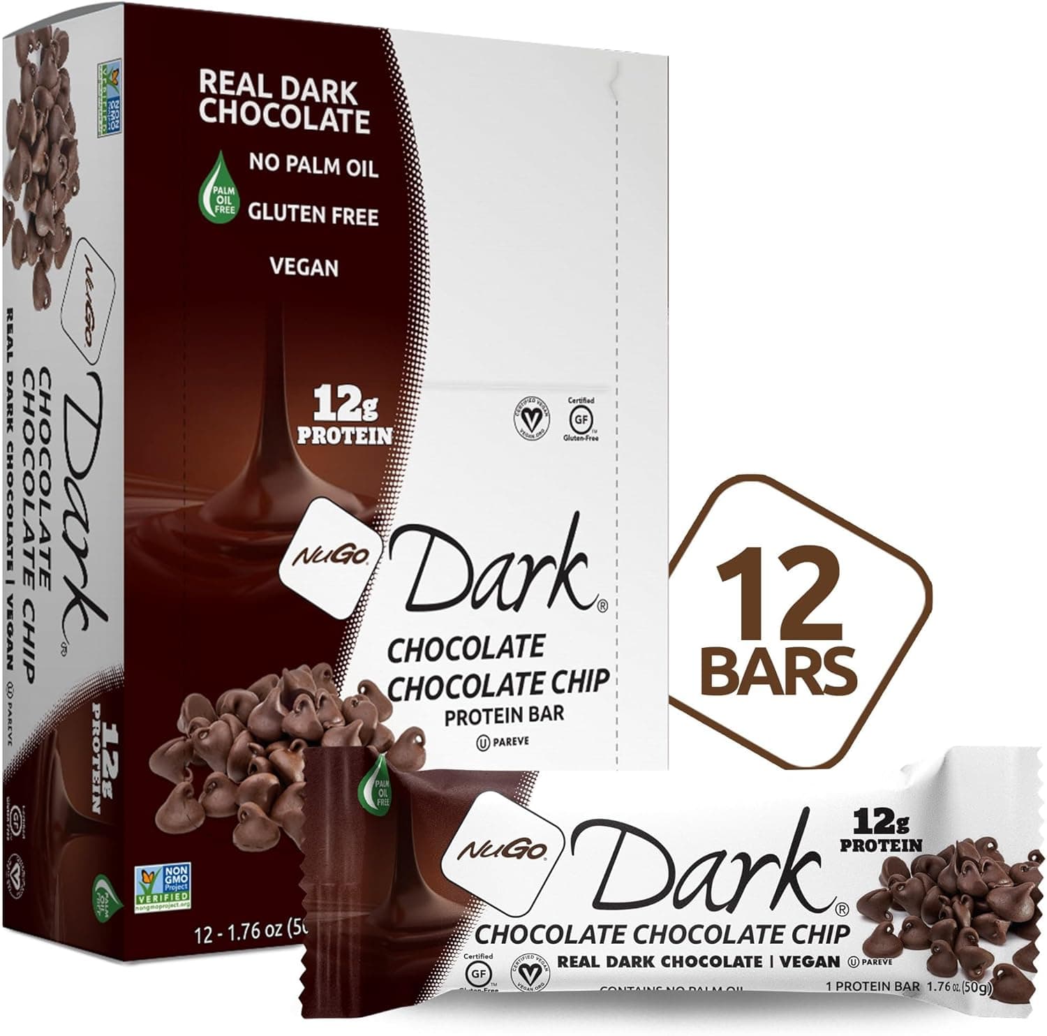 NuGo Dark Chocolate Chip, 12g Protein Bar, Vegan, Gluten Free, Kosher Pareve, 12 Count by NuGo - nullg protein