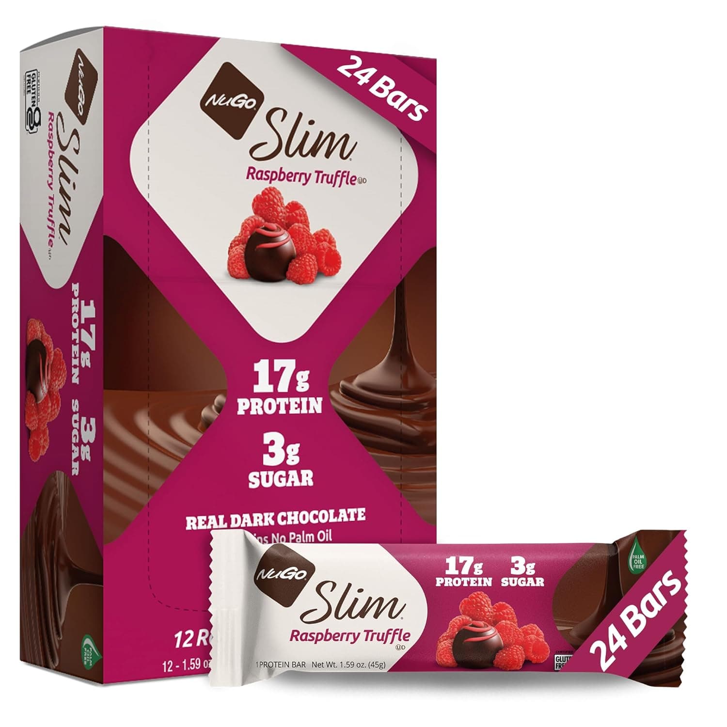 NuGo Slim Dark Chocolate Raspberry Truffle, 17g Protein, 2g Sugar, 7g Fiber, Low Net Carb, Keto Friendly, Gluten Free, 24 Count by NuGo - nullg protein
