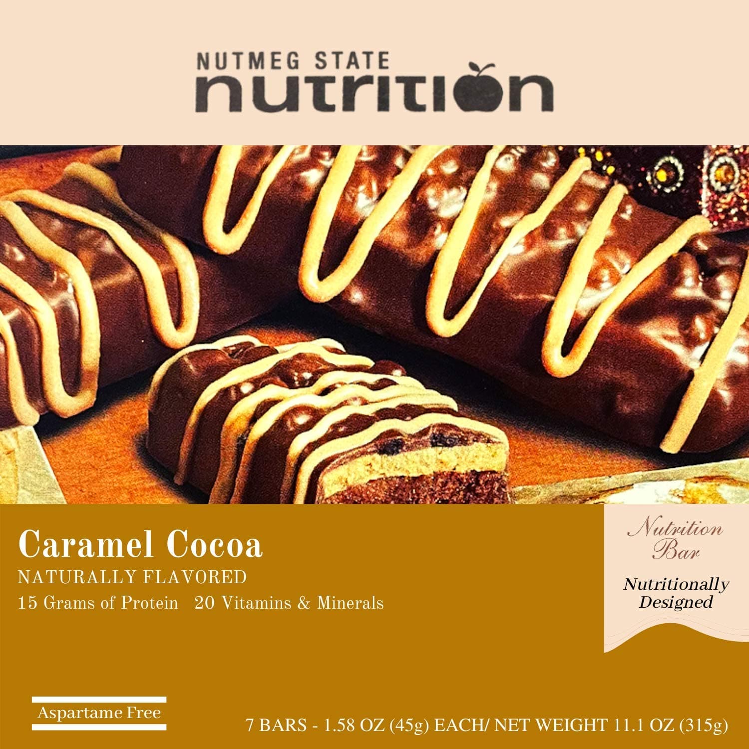 Nutmeg State Nutrition High Protein Snack and Meal Replacement Bar/Diet Bars - Caramel Cocoa (7ct) - Trans Fat Free, Aspartame Free, Kosher, High Fiber by Nutmeg - nullg protein