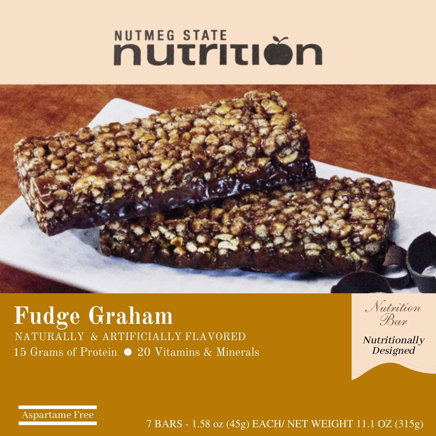 Nutmeg State Nutrition High Protein Snack and Meal Replacement Bar/Diet Bars - Fudge Graham (7ct) - Trans Fat Free, Aspartame Free, Kosher, High Fiber by Nutmeg - nullg protein