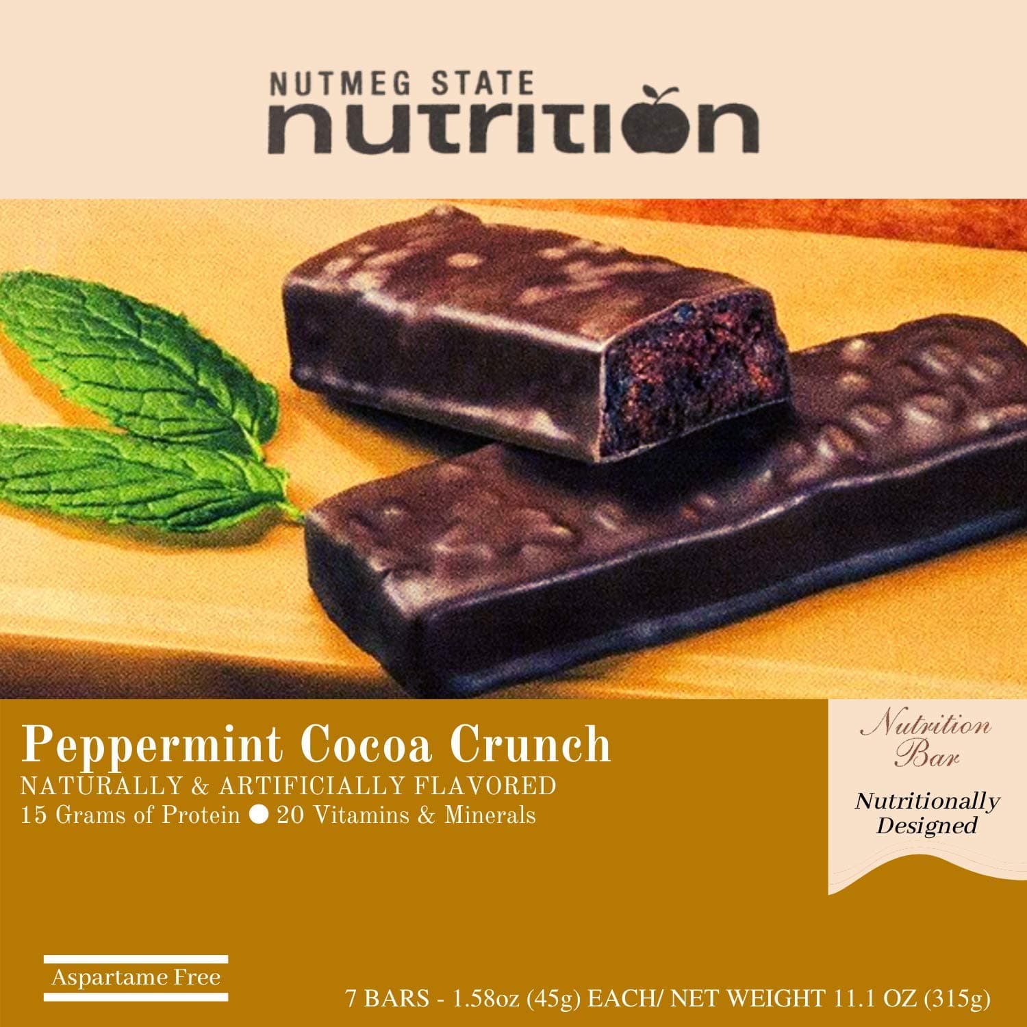 Nutmeg State Nutrition High Protein Snack and Meal Replacement Bar / Diet Bars - Peppermint Cocoa Crunch (7ct) - Trans Fat Free, Aspartame Free, Kosher, High Fiber by Nutmeg - nullg protein