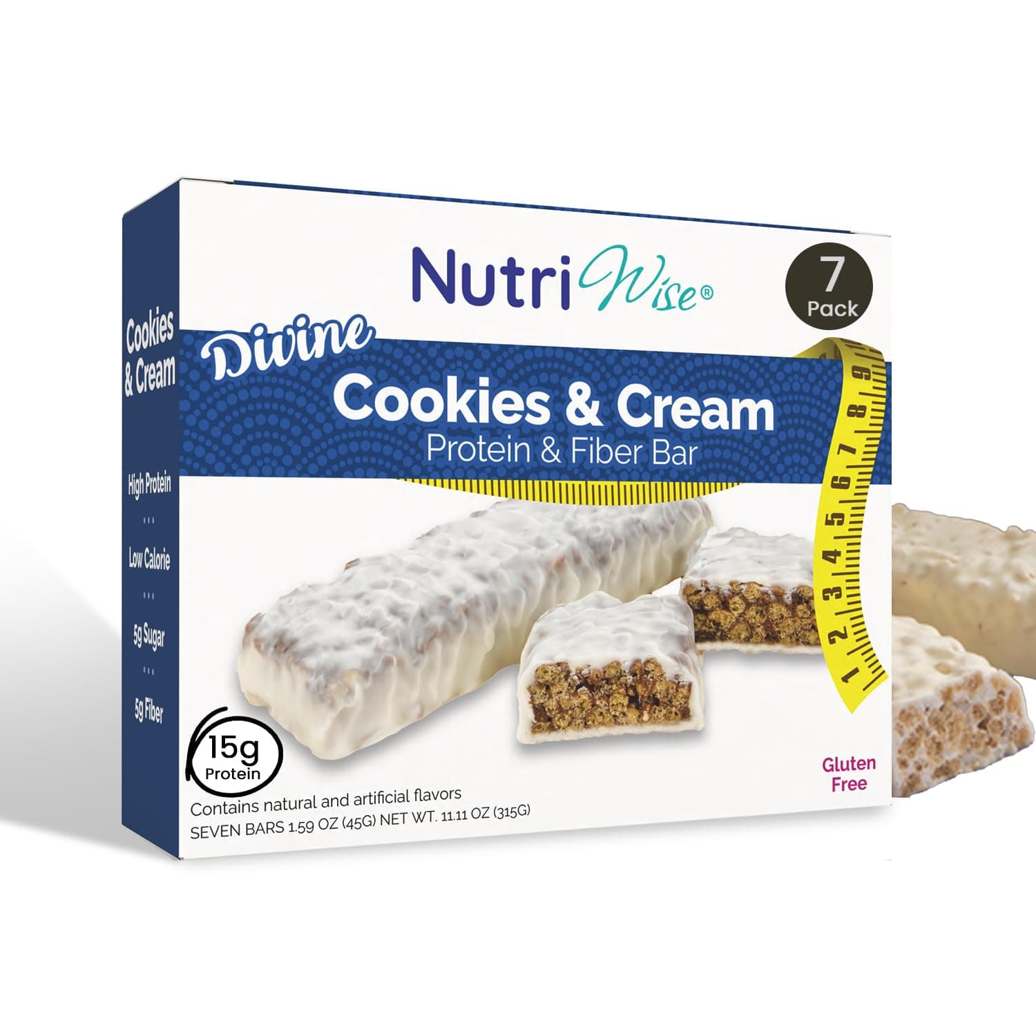 Nutriwise High Protein & Fiber Bar | Divine Cream & Cookies | 15g Protein, 5g Sugar, 17g Net Carb | Gluten-Free Low-Calorie Snack | Meal Replacement Bar | 7/Box - nullg protein protein bars