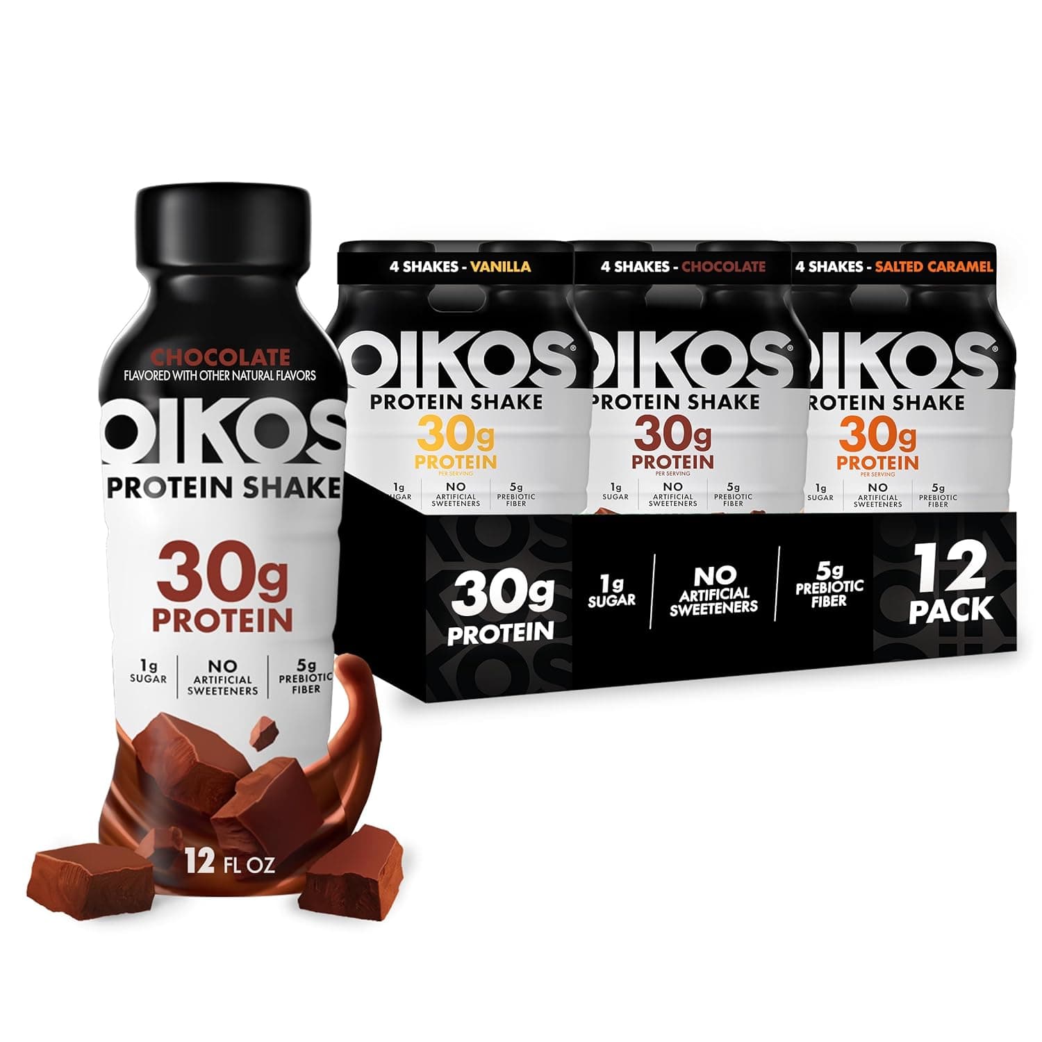 Oikos Protein Shake, Exclusive Variety Pack, 30g High Protein Drinks, Shelf Stable, Ready to Drink, 5g Prebiotic Fiber, 12 fl oz Bottle (8 ct Vanilla, 4 ct Chocolate by Oikos - nullg protein
