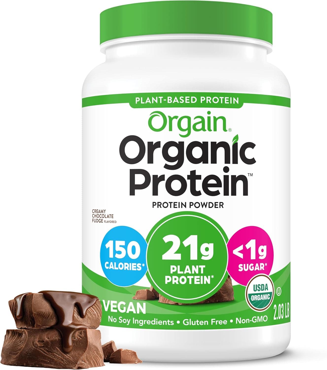 Orgain Organic Vegan Protein Powder, Creamy Chocolate Fudge - 21g Plant Protein, 6g Prebiotic Fiber, Low Net Carb, No Lactose Ingredients, No Added Sugar, Non-GMO, For Shakes & Smoothies, 2.03 lb by Orgain - nullg protein