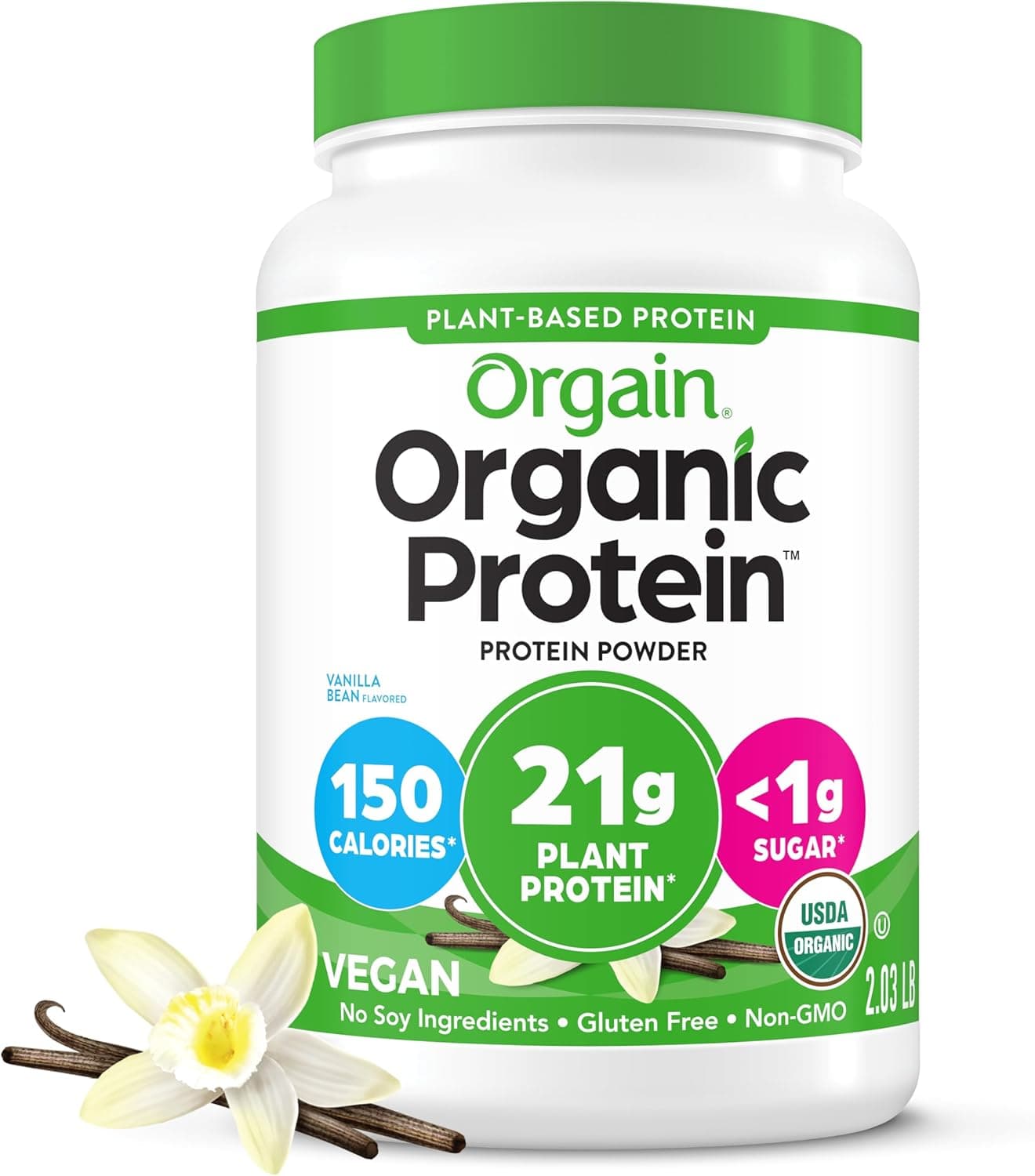 Orgain Organic Vegan Protein Powder, Vanilla Bean - 21g Plant Protein, 6g Prebiotic Fiber, No Lactose Ingredients, No Added Sugar, Non-GMO, For Shakes & Smoothies, 2.03 lb (Packaging May Vary) by Orgain - nullg protein