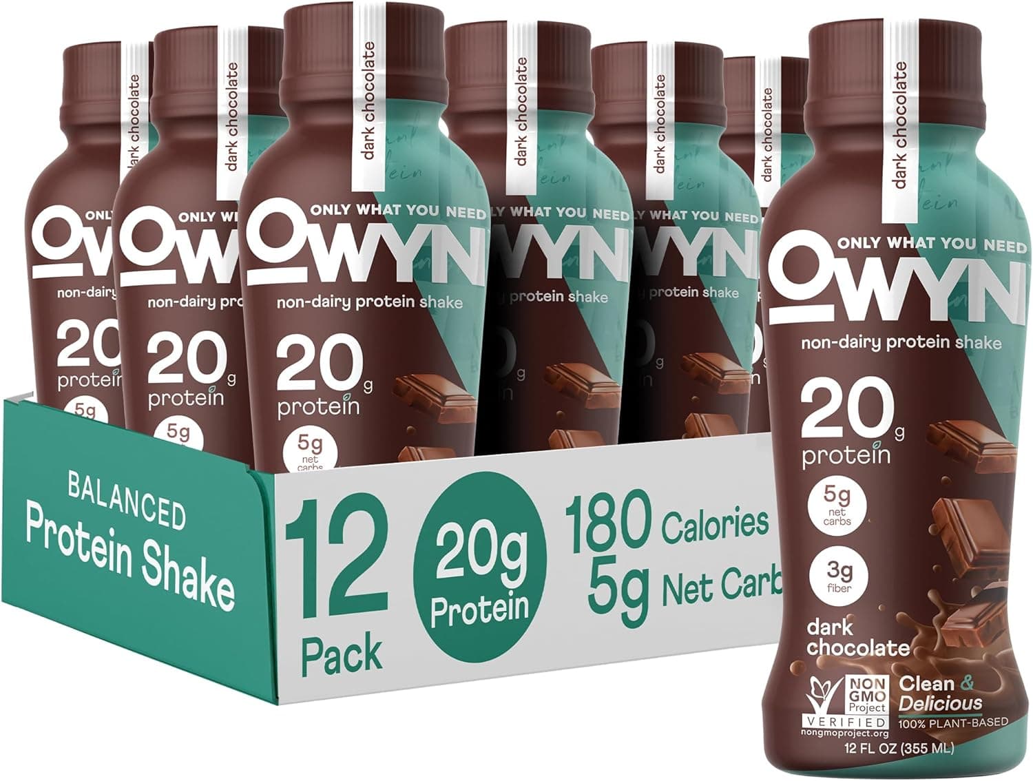 OWYN Only What You Need Plant Based Protein Shake, Dark Chocolate, 20g Vegan Protein from Organic Pumpkin seed, Flax, Pea Blend, Omega-3, Prebiotic supplements, Gluten and Soy-Free, (12 Pack) - nullg protein nuts & seeds