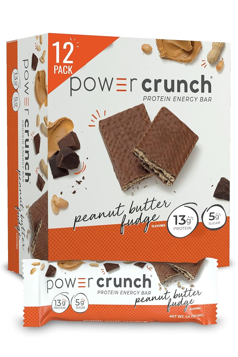 Power Crunch Protein Wafer Bars, High Protein Snacks with Delicious Taste, Peanut Butter Fudge, 1.4 Ounce (12 Count) by Power - nullg protein