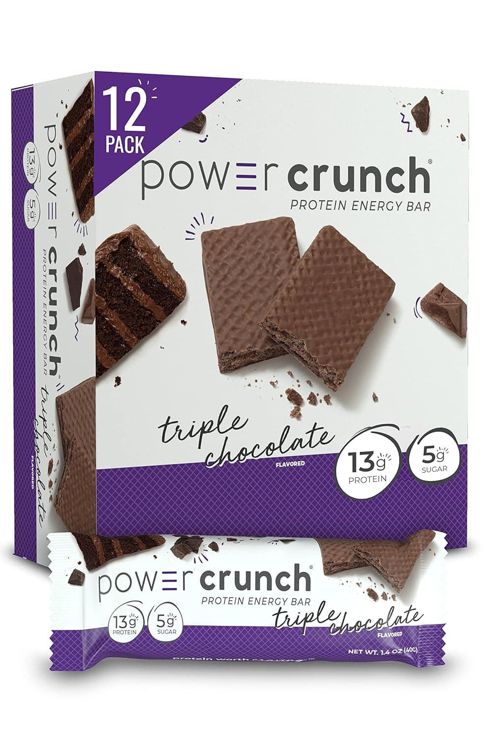 Power Crunch Protein Wafer Bars, High Protein Snacks with Delicious Taste, Triple Chocolate, 1.4 Ounce (12 Count) by Power - nullg protein