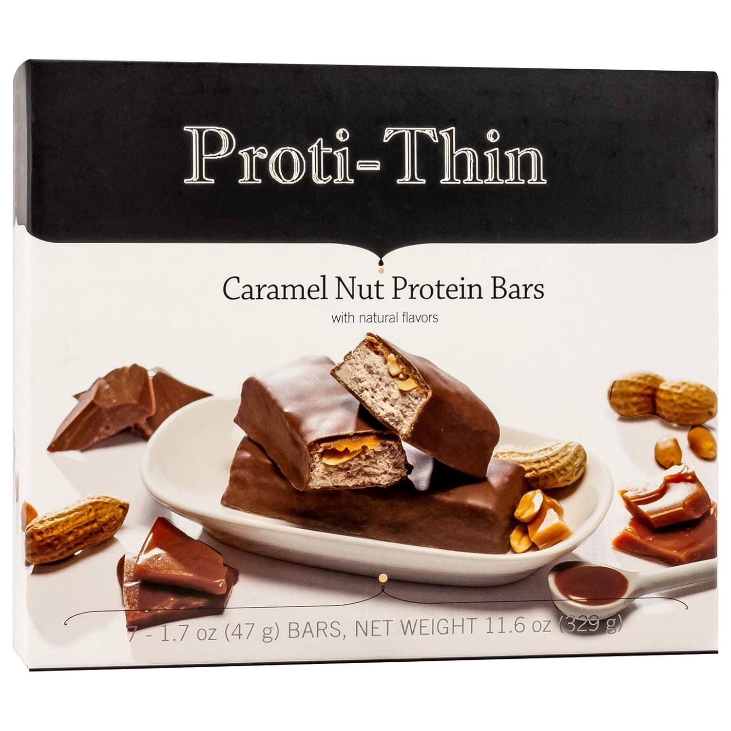 Proti-Thin Caramel Nut High Protein Bar, High-Fiber Pre-workout Bars, 15g Protein, Low Fat, Low Sugar, No Gluten Ingredients, Ideal Protein Compatible, Aspartame Free, 1 Pack of 7 Servings - nullg protein protein bars