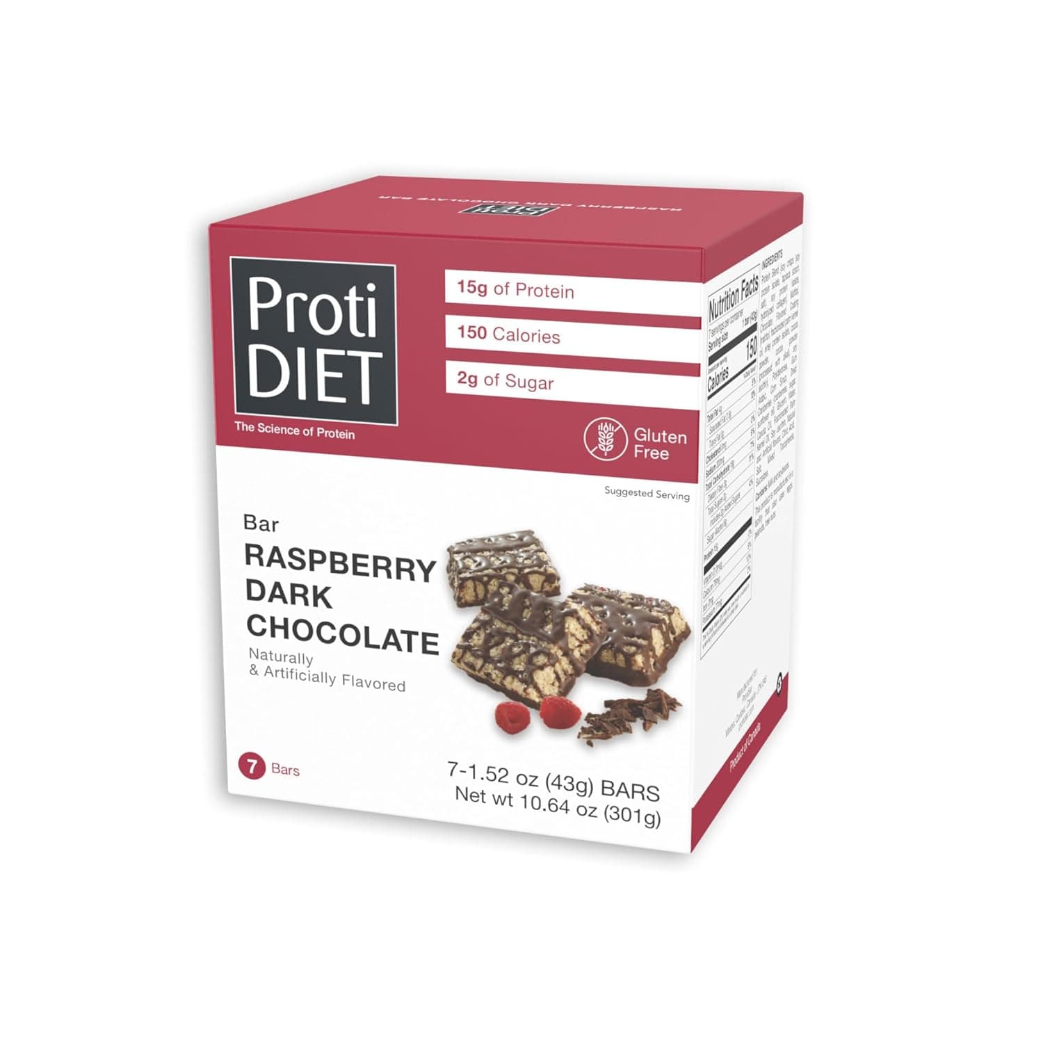 ProtiDIET Dark Chocolate and Raspberry High Protein Bars - Gluten-free, Low Fat and Fiber Enriched Snacks, Protein Bars with Collagen to Aid Overall Health - 7 Square Bars Per Box by ProtiDIET - nullg protein
