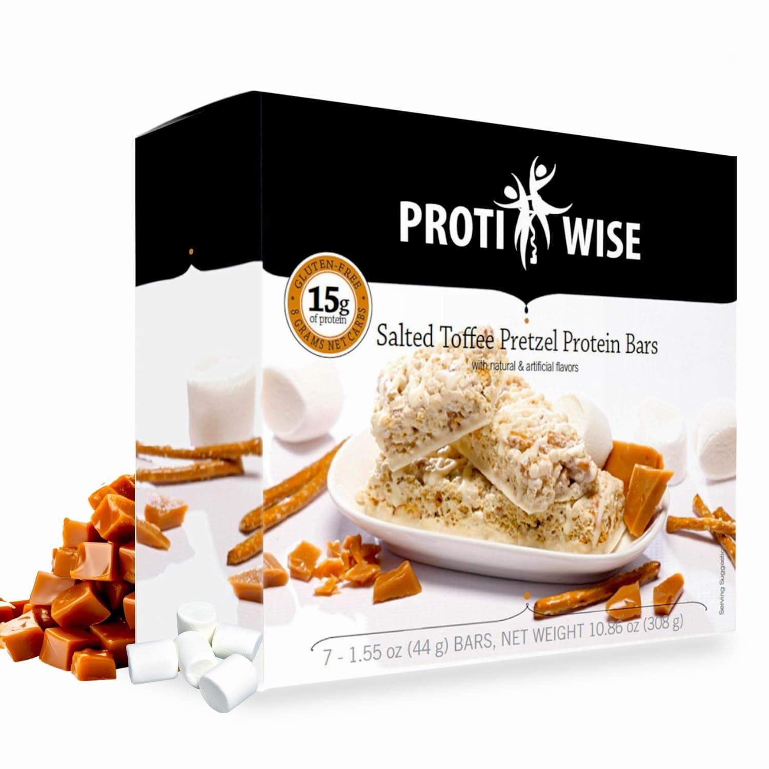ProtiWise Salted Toffee Protein Bars | 15g Protein, High Fiber | Low Calorie, Low Sugar | Gluten Free | Keto Friendly Weight Loss Hunger Control Meal Replacement Bar | 7 Count Box by ProtiWise - nullg protein