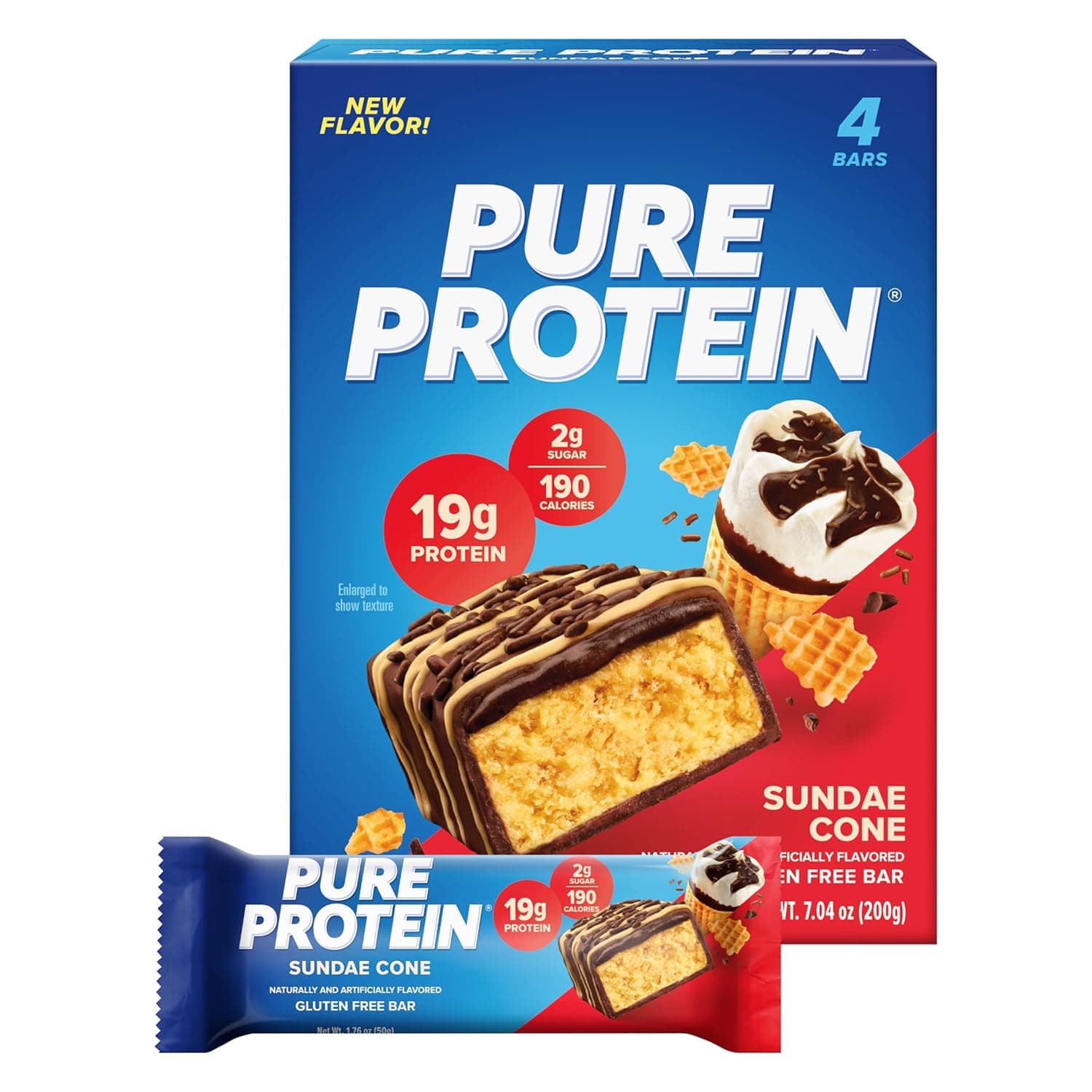Pure Protein Bars, High Protein, Nutritious Snacks to Support Energy, Low Sugar, Gluten Free, Sundae Cone, 1.76oz, Pack of 4 by Pure Protein - nullg protein