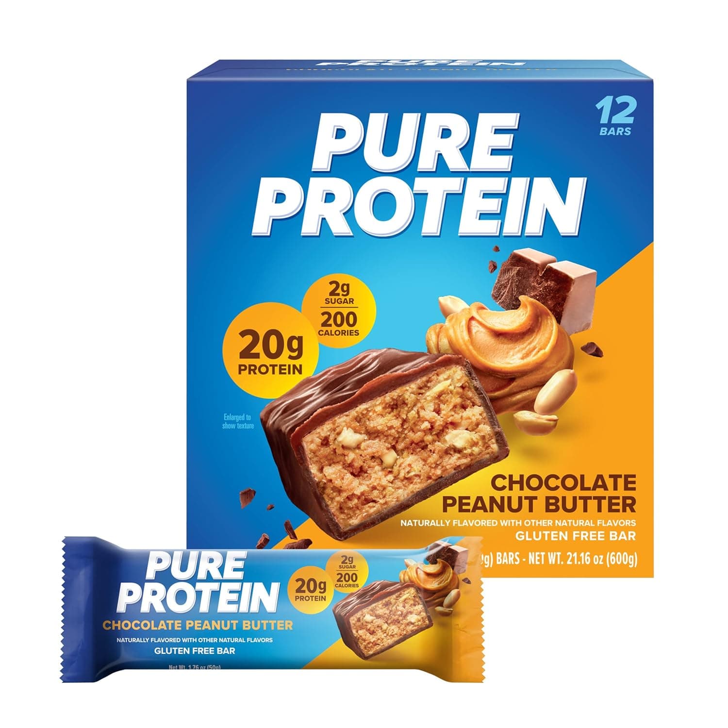 Pure Protein Chocolate Peanut Butter Protein Bars – 20g Protein, 3g Sugar, 190 Calories (12 count) Low Sugar* High Protein Snack - Gluten Free - Perfect for a Healthy Snack by Pure Protein - nullg protein