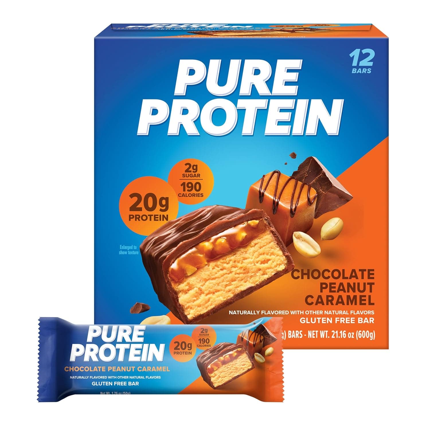 Pure Protein Chocolate Peanut Caramel Protein Bars – 20g Protein, 3g Sugar, 190 Calories (12 count) Low Sugar* High Protein Snack - Gluten Free - Perfect for a Healthy Snack - nullg protein protein bars