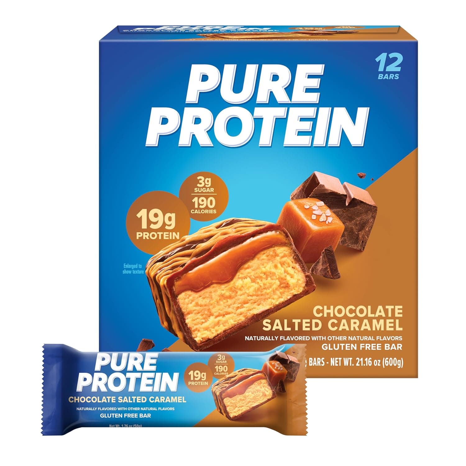 Pure Protein Chocolate Salted Caramel Protein Bars – 20g Protein, 3g Sugar, 190 Calories (12 count) Low Sugar* High Protein Snack - Gluten Free - Perfect for a Healthy Snack by Pure Protein - nullg protein