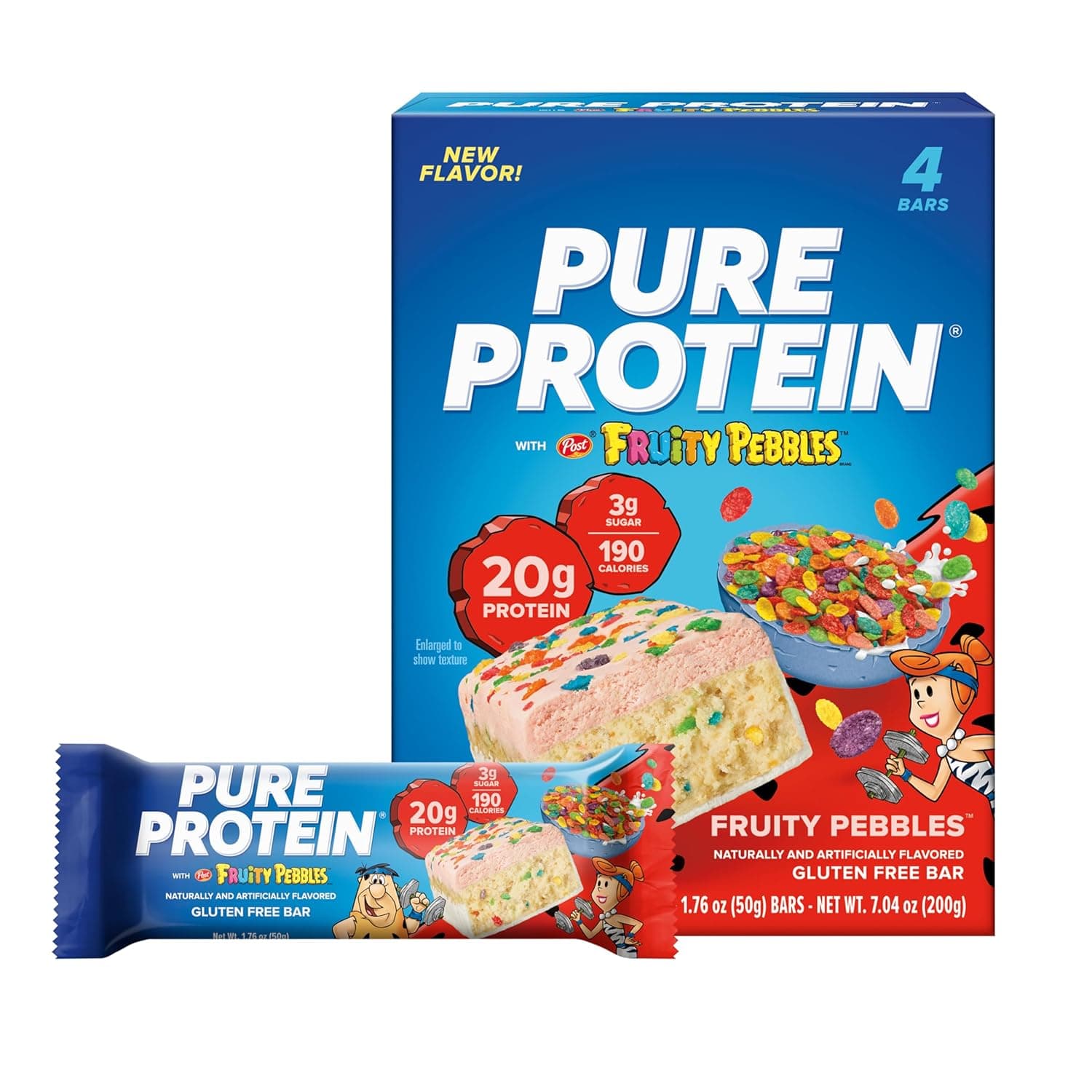 Pure Protein Fruity PEBBLES™ Protein Bars – 20g Protein, 3g Sugar, 190 Calories (4 count) Low Sugar* High Protein Snack – Gluten Free - Perfect for a Healthy Snack. by Pure Protein - nullg protein