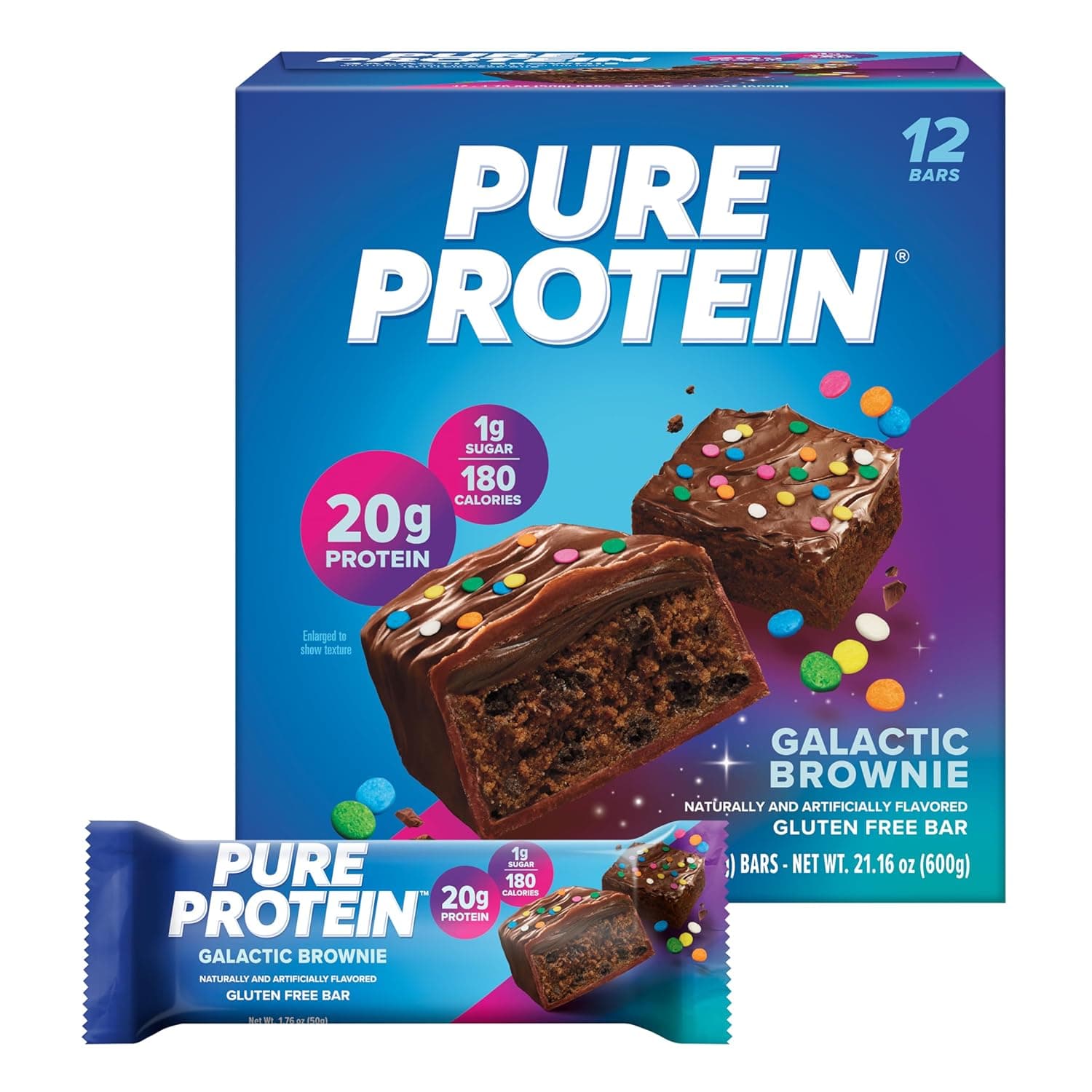 Pure Protein Galactic Brownie Protein Bars – 20g Protein, 3g Sugar, 190 Calories (12 count) Low Sugar* High Protein Snack - Gluten Free - Perfect for a Healthy Snack by Pure Protein - nullg protein