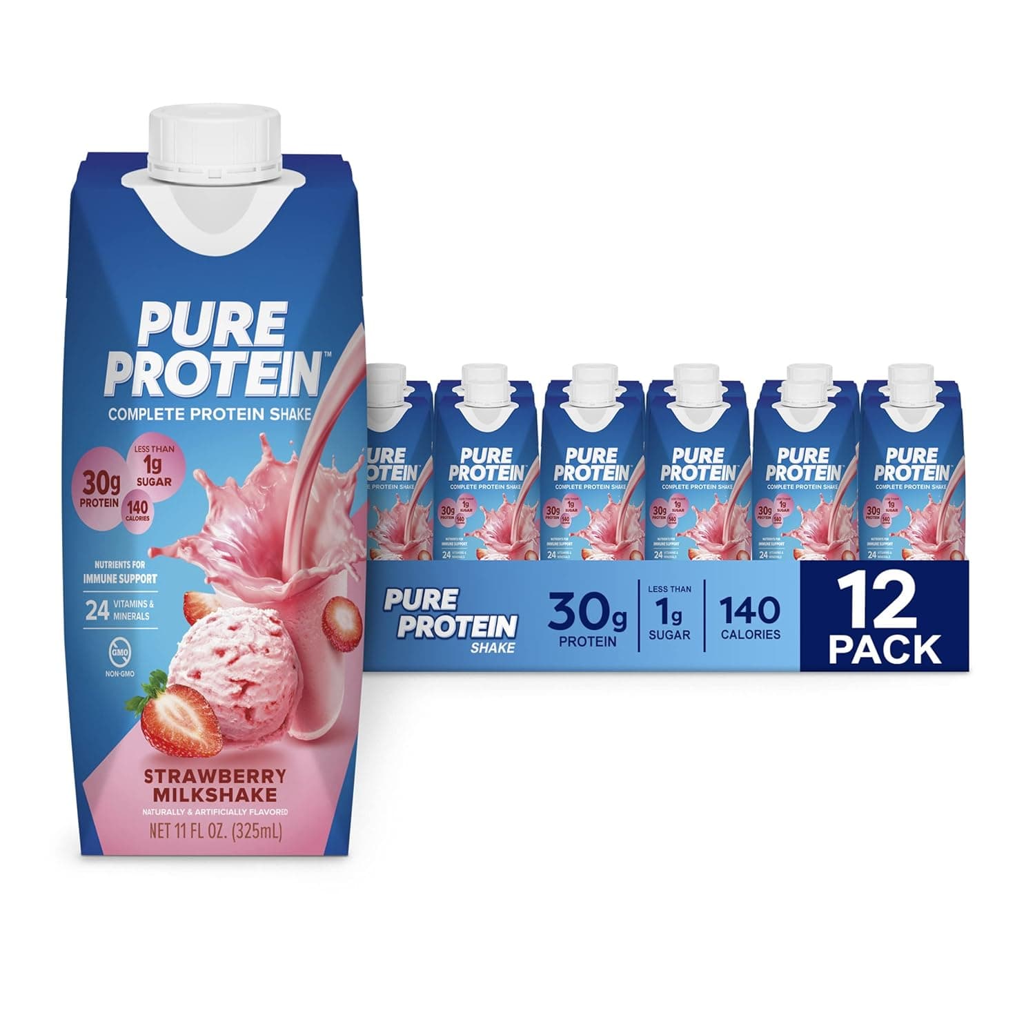 Pure Protein Strawberry Protein Shake, 30g Complete Protein, Ready to Drink and Keto-Friendly, Vitamins A, C, D, and E plus Zinc to Support Immune Health, 11oz Bottles, 12 Pack by Pure Protein - nullg protein