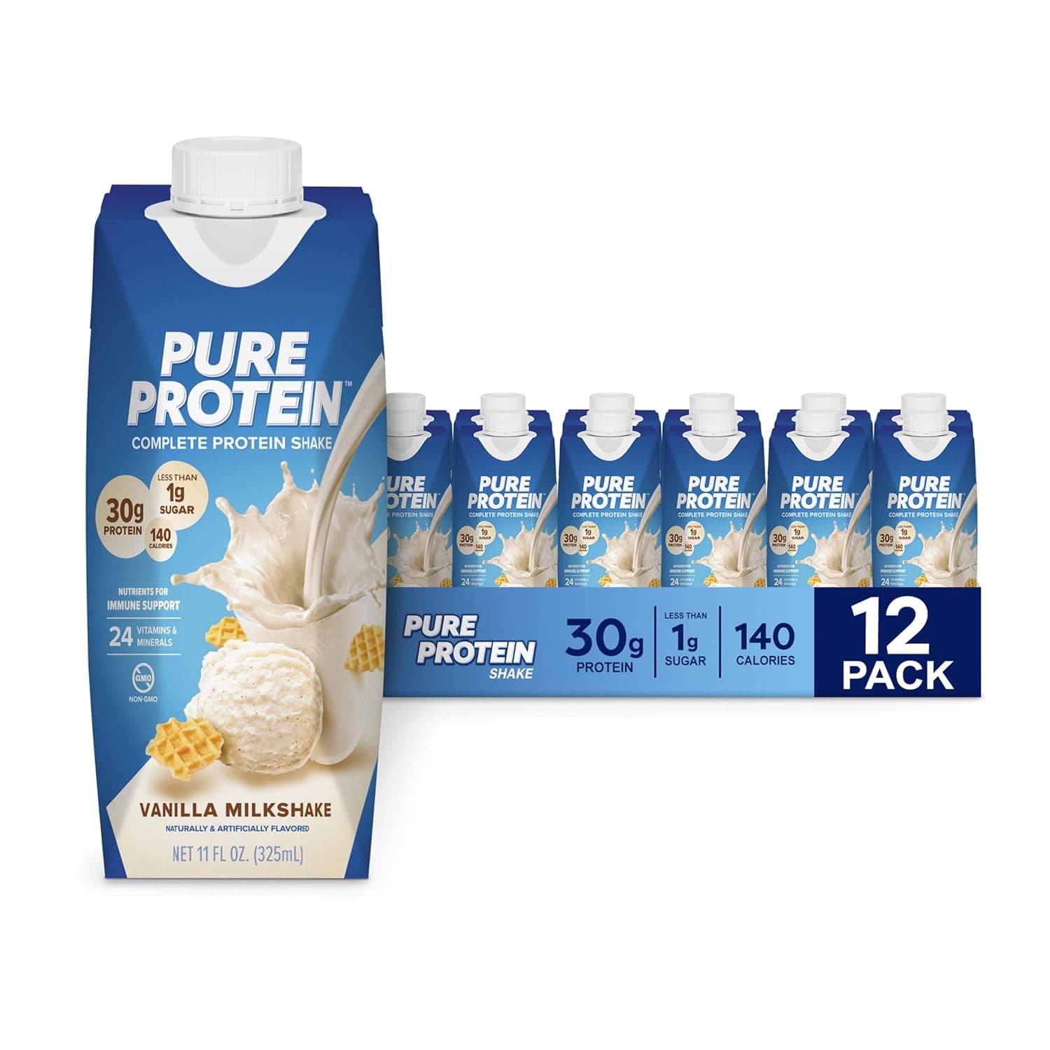Pure Protein Vanilla Protein Shake, 30g Complete Protein, Vitamins A, C, D, and E plus Zinc to Support Immune Health, Ready to Drink and Keto-Friendly, 11oz Bottles, 12 Pack by Pure Protein - nullg protein