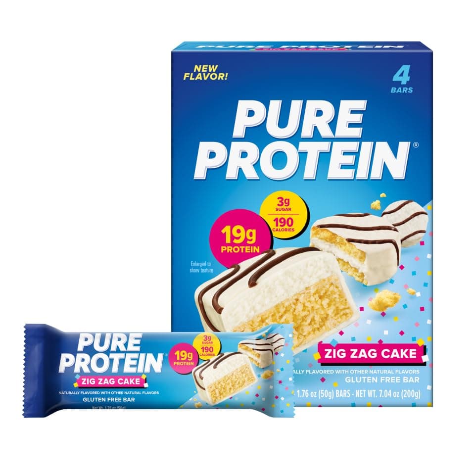 Pure Protein Zig Zag Cake Protein Bars – 19g Protein, 3g Sugar, 190 Calories (4 count) Low Sugar* High Protein Snack - Gluten Free - Perfect for a Healthy Snack. by Pure Protein - nullg protein