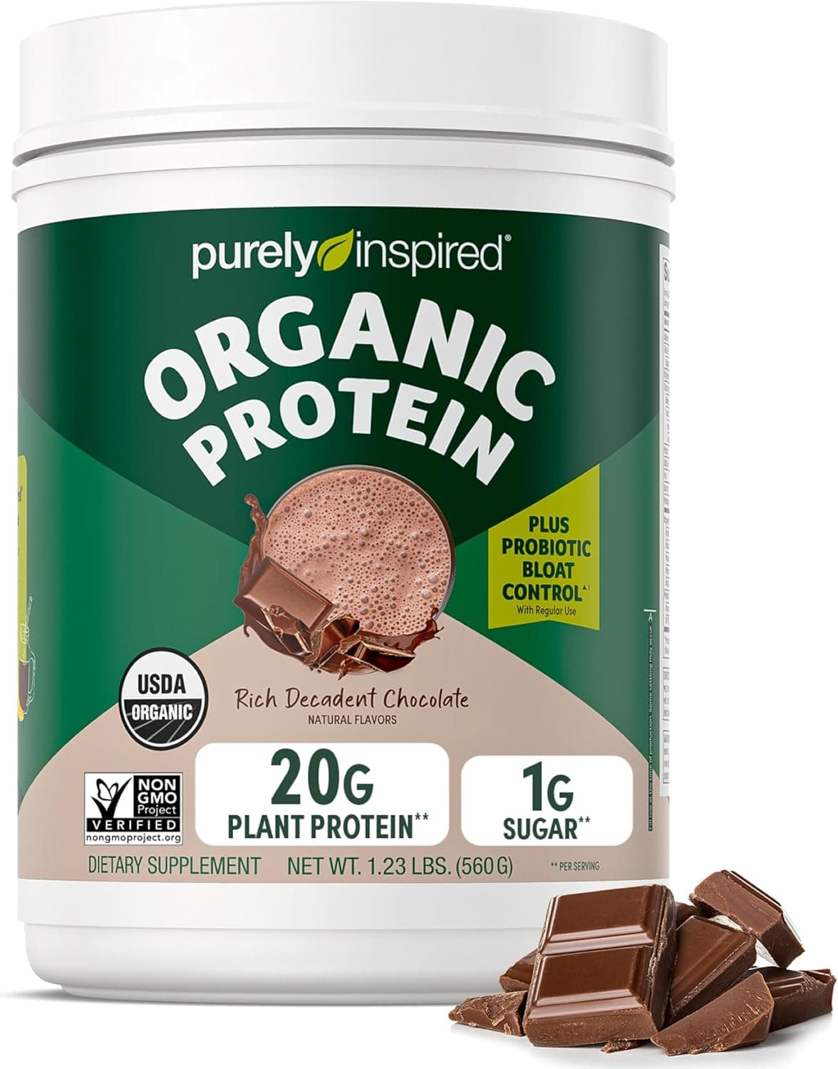 Purely Inspired Plant-Based Protein Powder for Men & Women, Rich Decadent Chocolate (16 Servings) - Vegan & Organic - 20g of Pea Protein Powder for Smoothies & Shakes - Dairy-Free, & Gluten-Free by Purely Inspired - nullg protein