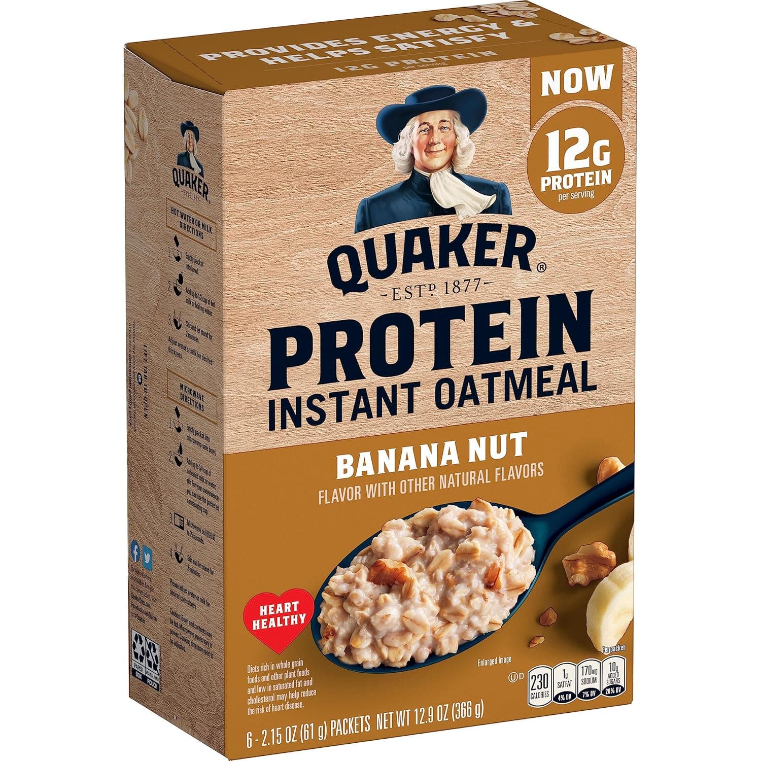 Quaker, Protein Instant Oatmeal, Banana Nut, 12.9 Oz, 6 Count (Pack of 1) - nullg protein nuts & seeds