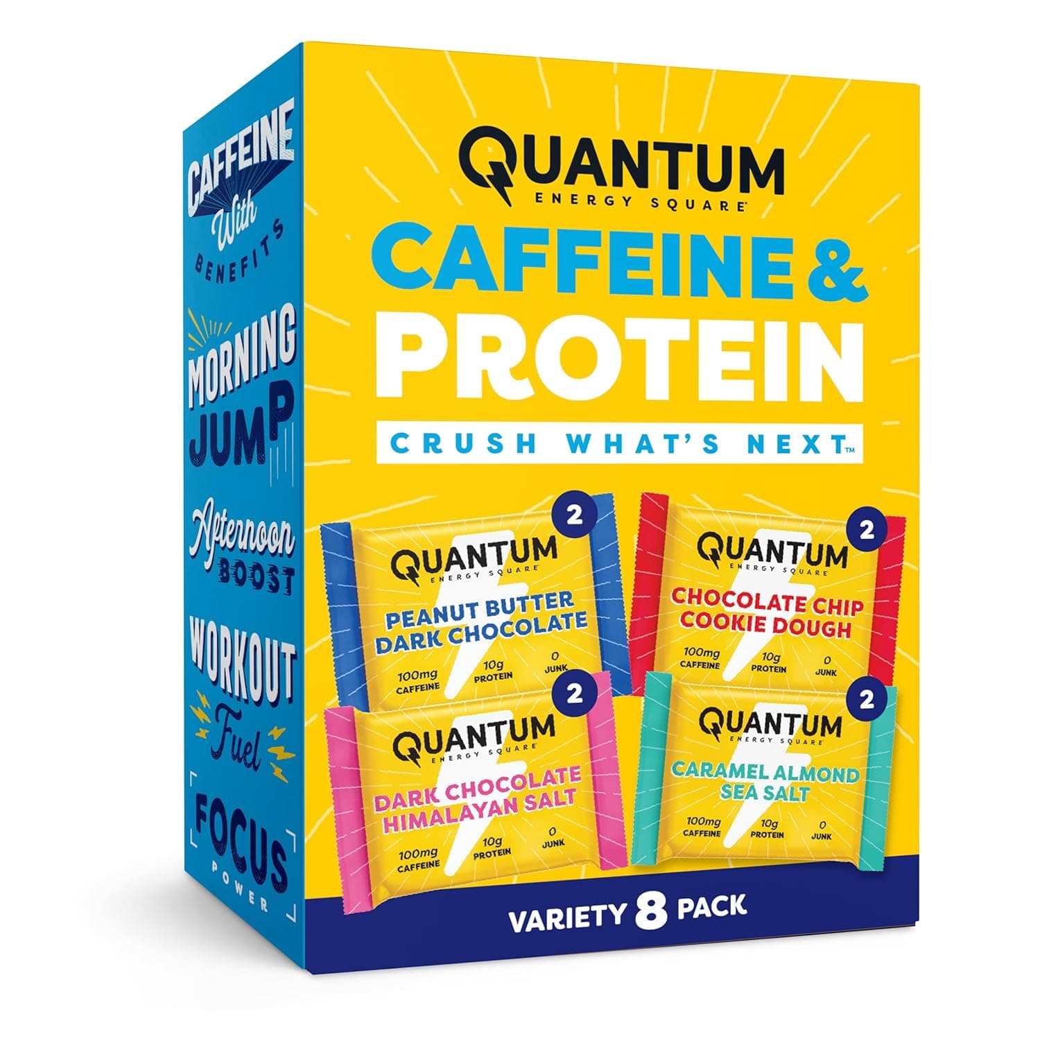 Quantum Energy Square: Energy Bar with Caffeine & 10g Protein. Delicious Healthy Snack On The Go. (Vegan, Gluten-free, Soy-free, Dairy-free) (Variety 8-Pack) - nullg protein protein bars
