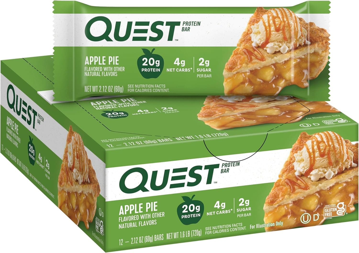 Quest Nutrition Apple Pie Protein Bar, 20g Protein, 4g Net Carbs, 2g Sugar, Gluten Free, Keto Friendly, 12 Count - nullg protein protein bars