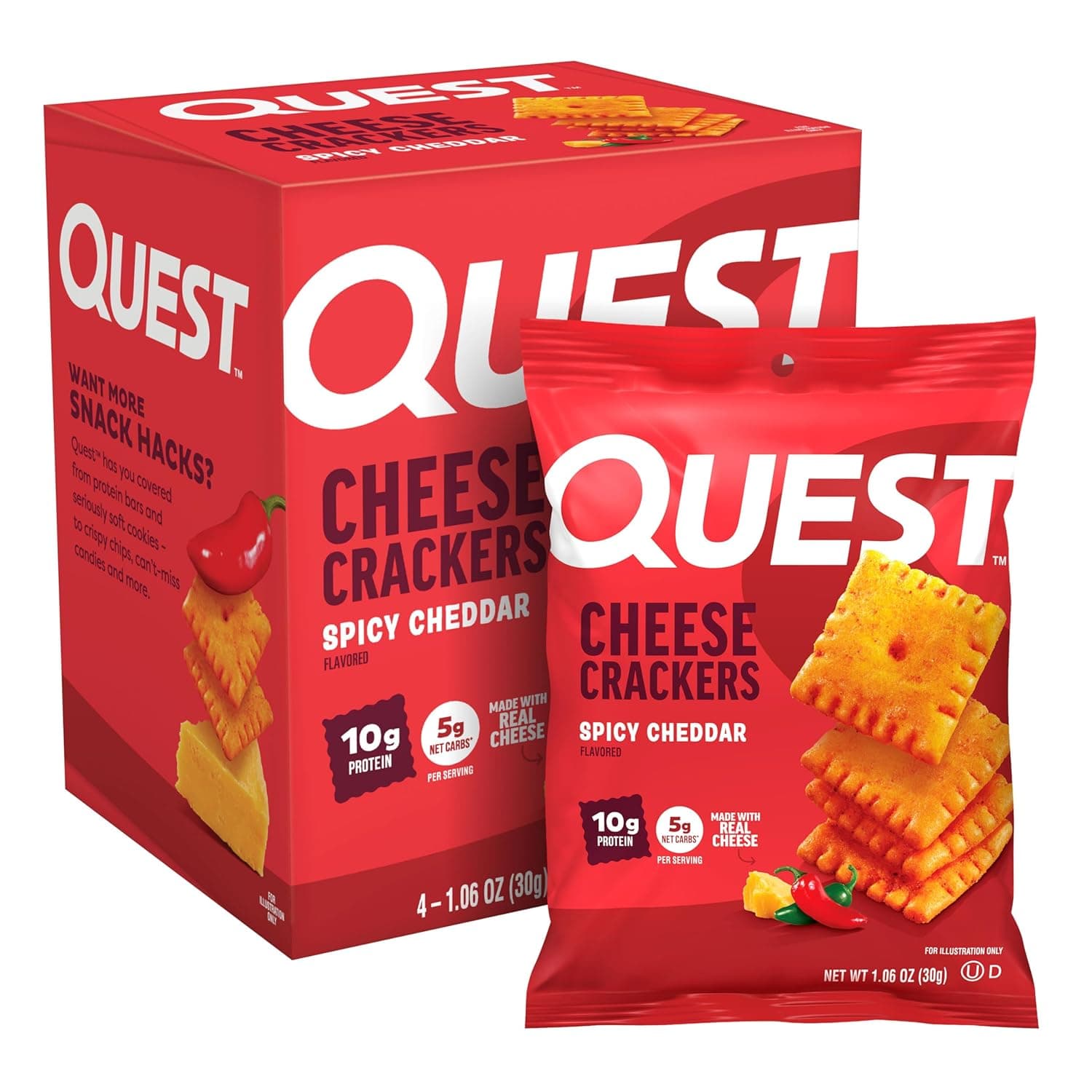 Quest Nutrition Cheese Crackers, Spicy Cheddar, 10g of Protein, Low Carb, Made with Real Cheese, Protein Snack, 4 Count - nullg protein protein chips