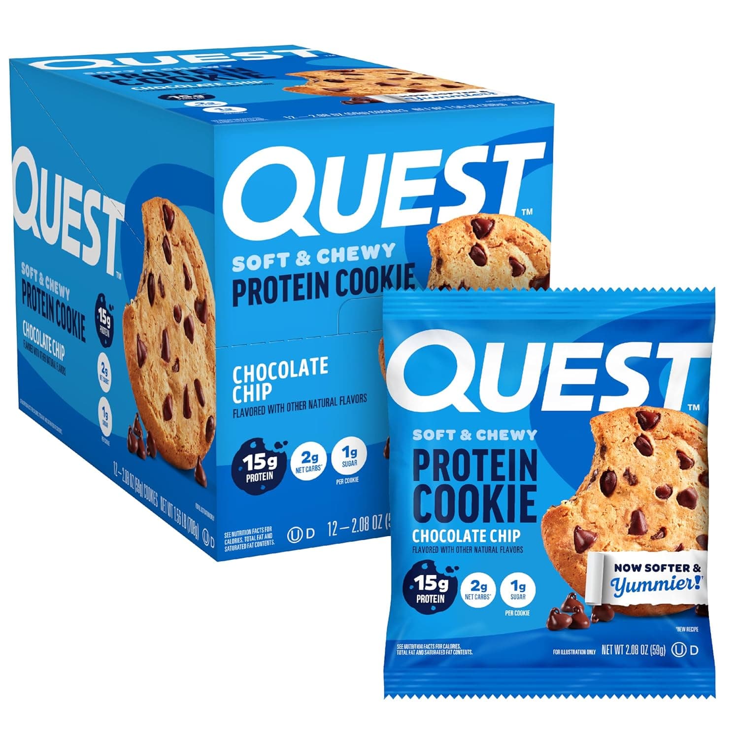 Quest Nutrition Chocolate Chip Protein Cookie, 15g Protein, 1g Sugar, 2g Net Carbs, Keto Friendly, 12 Count - nullg protein protein chips