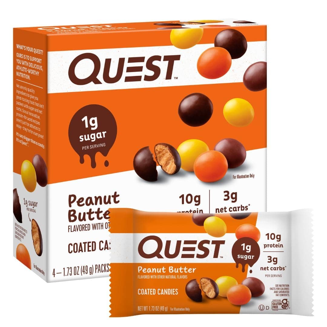 Quest Nutrition Coated Candies, Peanut Butter, 1g Sugar, 10g Protein, 4g Net Carbs, Gluten Free, Keto Friendly, 4 Count - nullg protein nuts & seeds