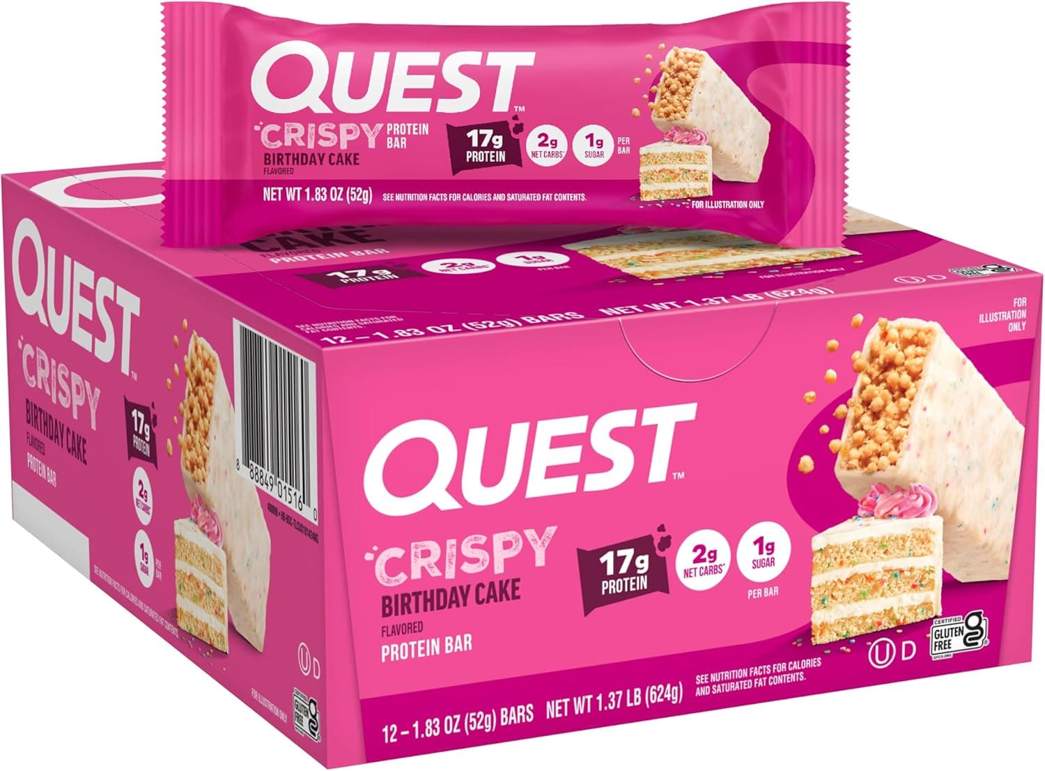 Quest Nutrition Crispy Birthday Cake Protein Bar, 17g Protein, 1g Sugar, 2g Net Carbs, Gluten Free Protein Snack, Keto Friendly, 12 Count - nullg protein protein bars