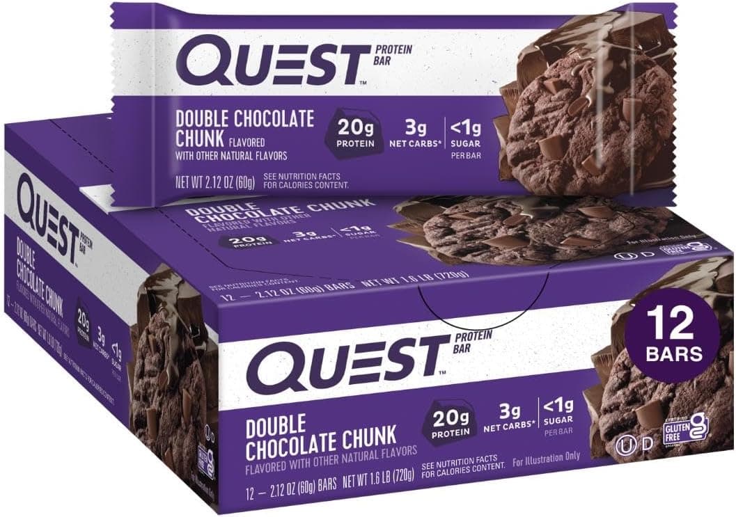 Quest Nutrition Double Chocolate Chunk Protein Bars, 20g Protein Bars, 1g Sugar, 4g Net Carb, Gluten Free, Keto Friendly, 12 Count - nullg protein protein bars