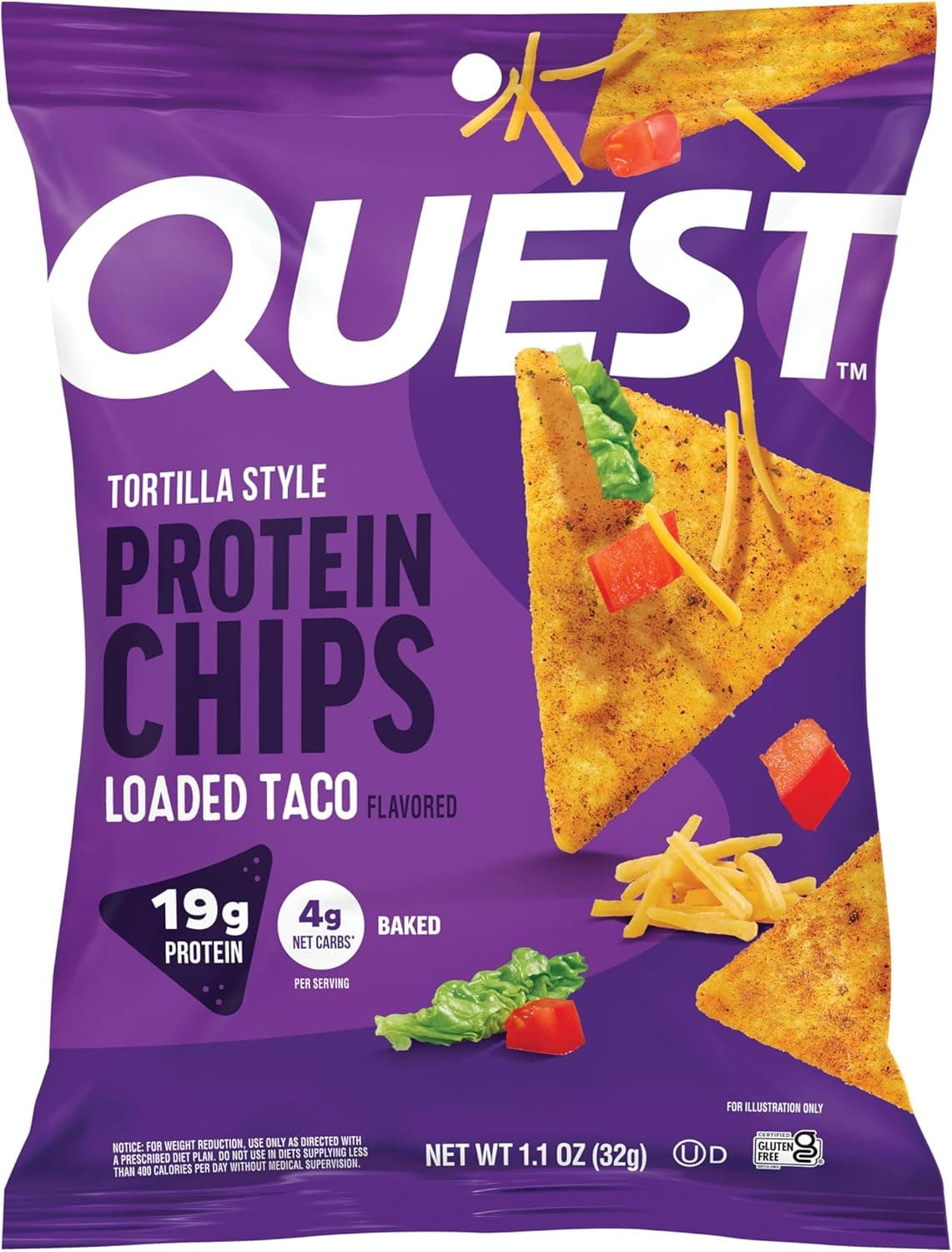 Quest Nutrition Loaded Taco Tortilla Style Protein Chips, 19g Protein, 4g Net Carb, Low Carb, Gluten Free, 1.1 oz (Pack of 12) - nullg protein protein chips