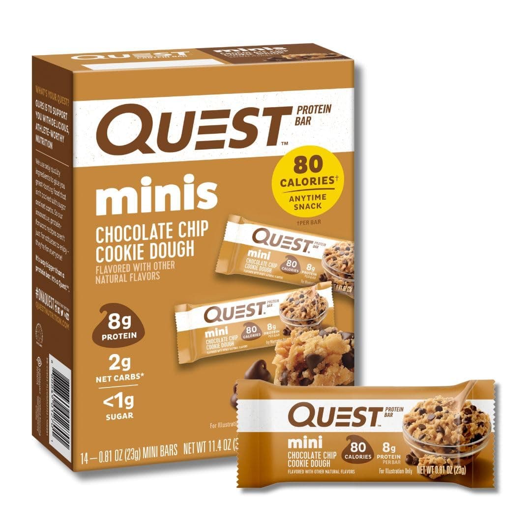 Quest Nutrition Mini Chocolate Chip Cookie Dough Protein Bars, 8g Protein, 1g Sugar, 2g Net Carbs, Gluten Free, 14 Count - nullg protein protein bars