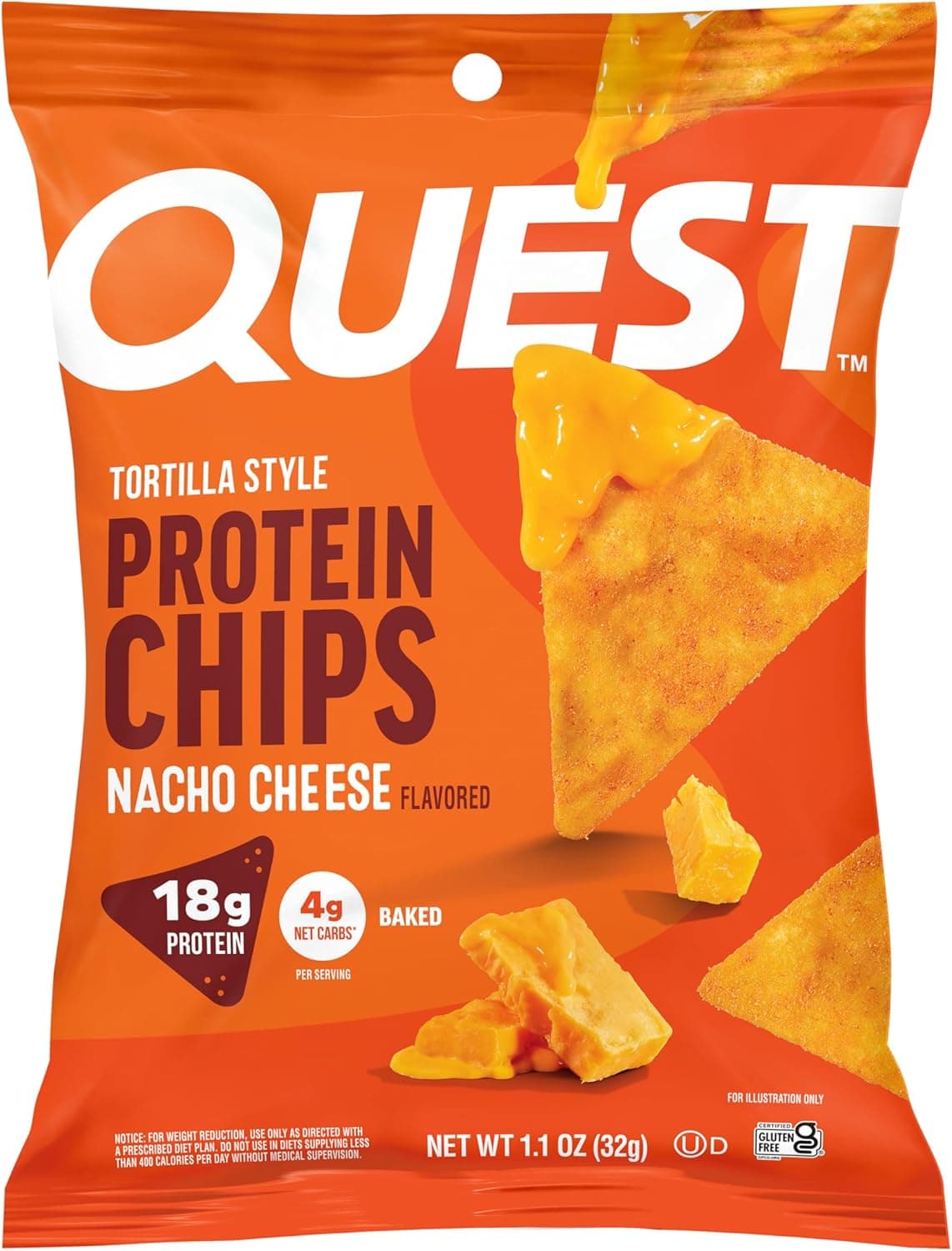 Quest Nutrition Nacho Cheese Tortilla Style Protein Chips, 18g Protein, 4g Net Carb, Low Carb, Gluten Free, 1.1 oz (Pack of 12) - nullg protein protein chips