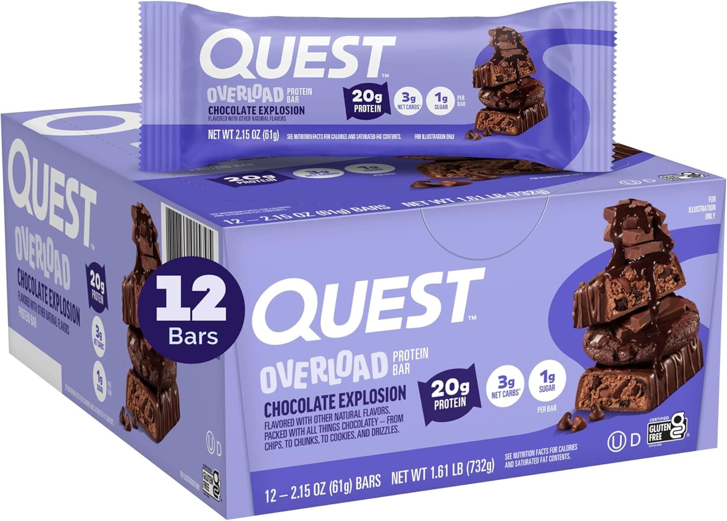 Quest Nutrition Overload Protein Bars, Chocolate Explosion, 20g Protein, 1g Sugar, 3g Net Carbs, Gluten Free, 12 Count - nullg protein protein bars