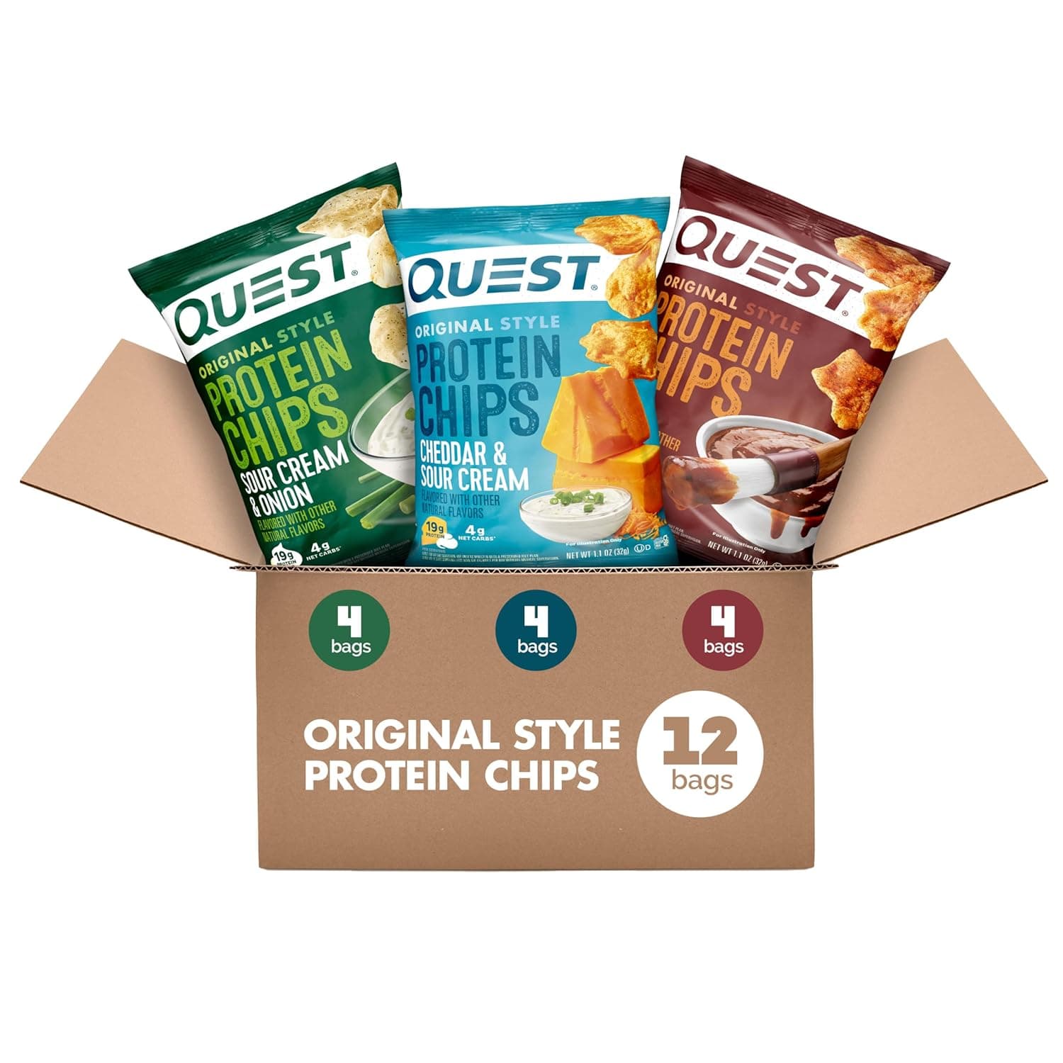 Quest Nutrition Protein Chips Variety Pack, BBQ, Cheddar & Sour Cream, Sour Cream & Onion, High Protein, Low Carb, 1.1 oz (Pack of 12) - nullg protein protein chips