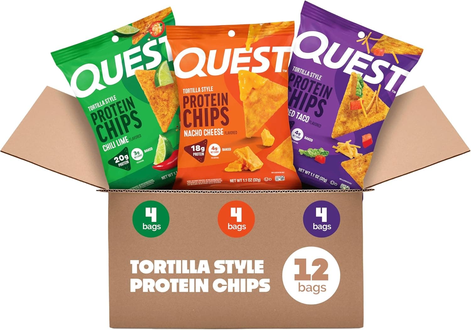Quest Nutrition Tortilla Style Protein Chips Variety Pack, Chili Lime, Nacho Cheese, Loaded Taco, Low Carb, High Protein, Gluten Free, 1.1 oz (Pack of 12) - nullg protein protein chips