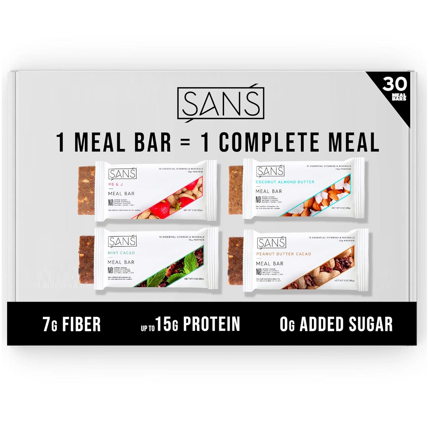 SANS Meal Replacement Protein Bar, Gluten Free, Healthy High Protein Snacks, High Fiber, No Sugar Added, Dairy Free, Soy Free, Variety Pack, 30 Bars - nullg protein protein bars