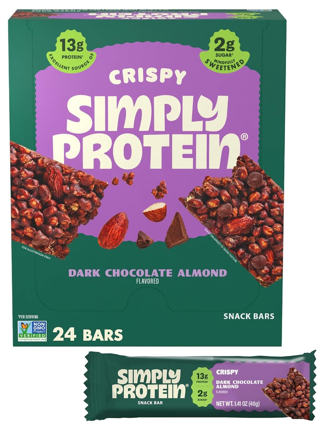 Simply Protein - Dark Chocolate Almond Crispy Bars - Plant Based Protein Bars - Low Carb, Low Sugar, High Fiber - 13g Protein, 2g Sugar, 7g Fiber - Vegan, Gluten Free, Non GMO, Kosher - 24 Bars by Simply - nullg protein