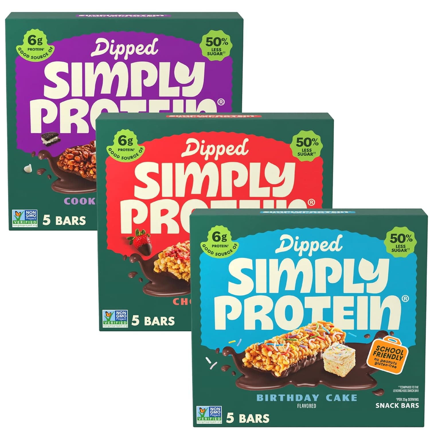 Simply Protein - Dipped Bars Variety Pack, 15 Count - Cookies and Crème (5), Chocoberry (5), and Birthday Cake (5) Flavors - Plant Based Snacks for Kids - 6g Protein, 3g Sugar, 100 Calories - 3 Boxes by Simply - nullg protein