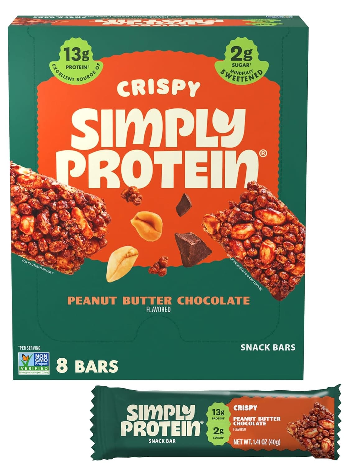 Simply Protein - Peanut Butter Chocolate Crispy Bars - Plant Based Protein Bars - Low Carb, Low Sugar, High Fiber - 13g Protein, 2g Sugar, 7g Fiber - Vegan, Gluten Free, Non GMO, Kosher - 8 Bars by Simply - nullg protein