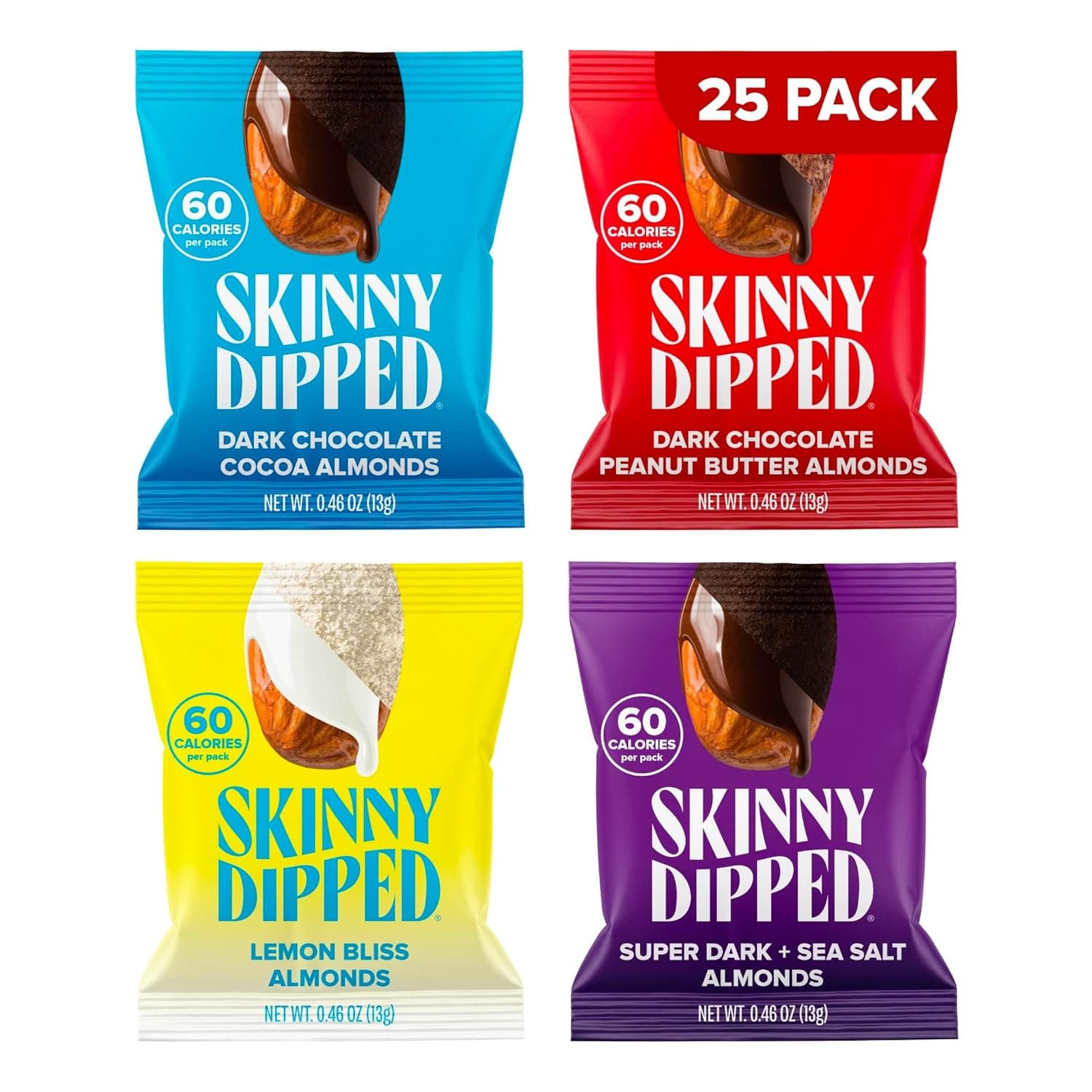 SkinnyDipped Snack Attack Minis Almond Variety Pack, Healthy Snack, Plant Protein, Gluten Free, 0.46 oz Mini Bags, Pack of 25 - nullg protein nuts & seeds