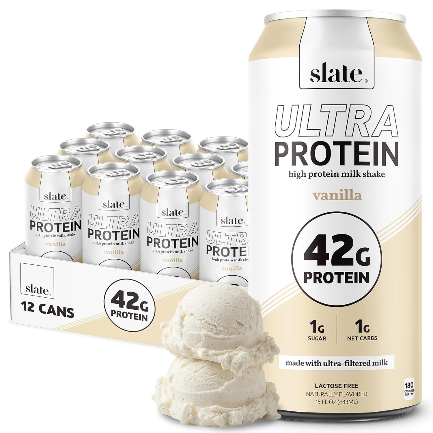 Slate Milk - Ultra Protein Shake - Vanilla - 42g Protein, 1g Sugar, 180 Calories, 1g Net Carbs - Lactose Free, No Added Sugar - Made with Ultra Filtered Milk - Breakfast Boost, Post Workout - 15 fl oz, 12 Cans - nullg protein protein bars