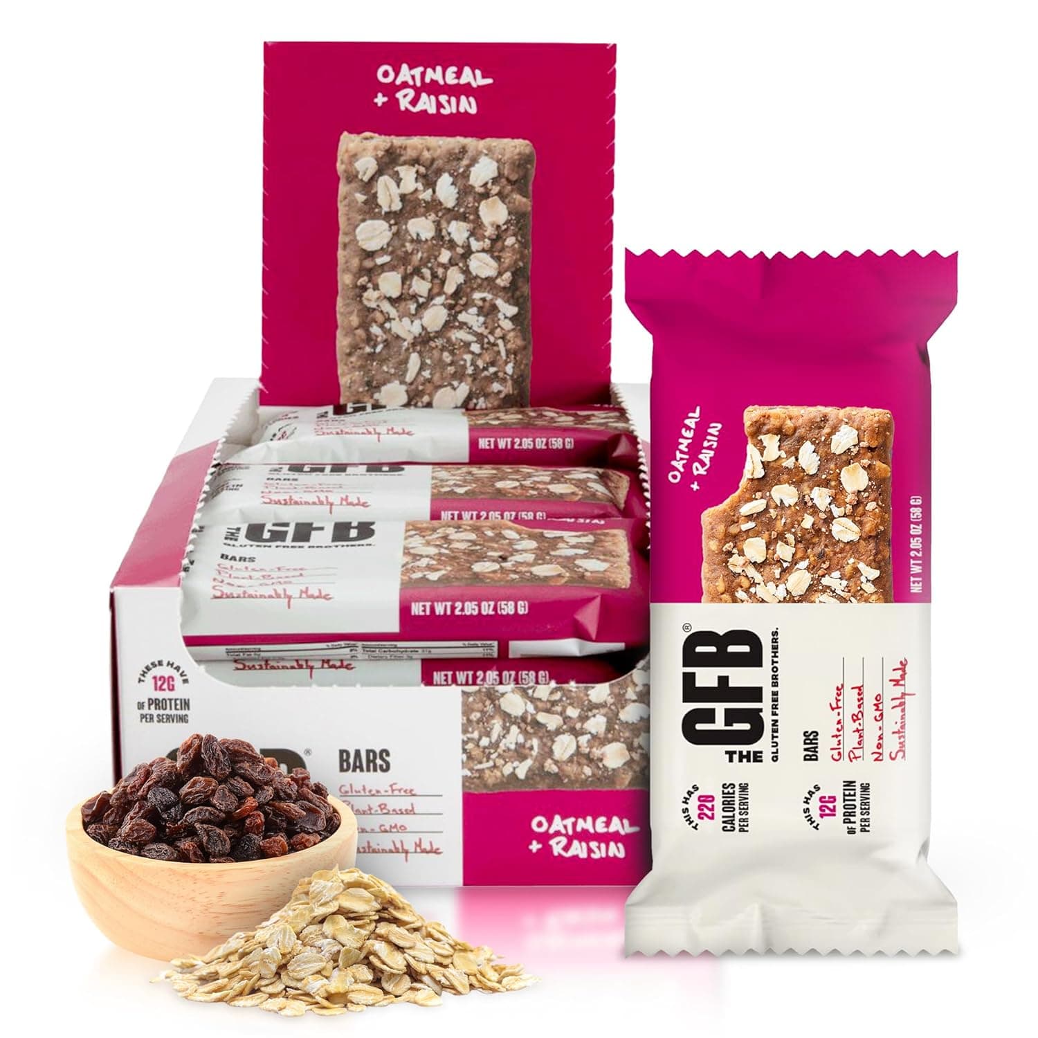 The GFB Oatmeal Raisin Protein Bars - Gluten Free, Plant Based, Non GMO, Sustainably Made – Ridiculously Tasty, Healthy, Vegan, Nutrition Snack Protein Bars, 2.05 oz (12 Count) - nullg protein protein bars