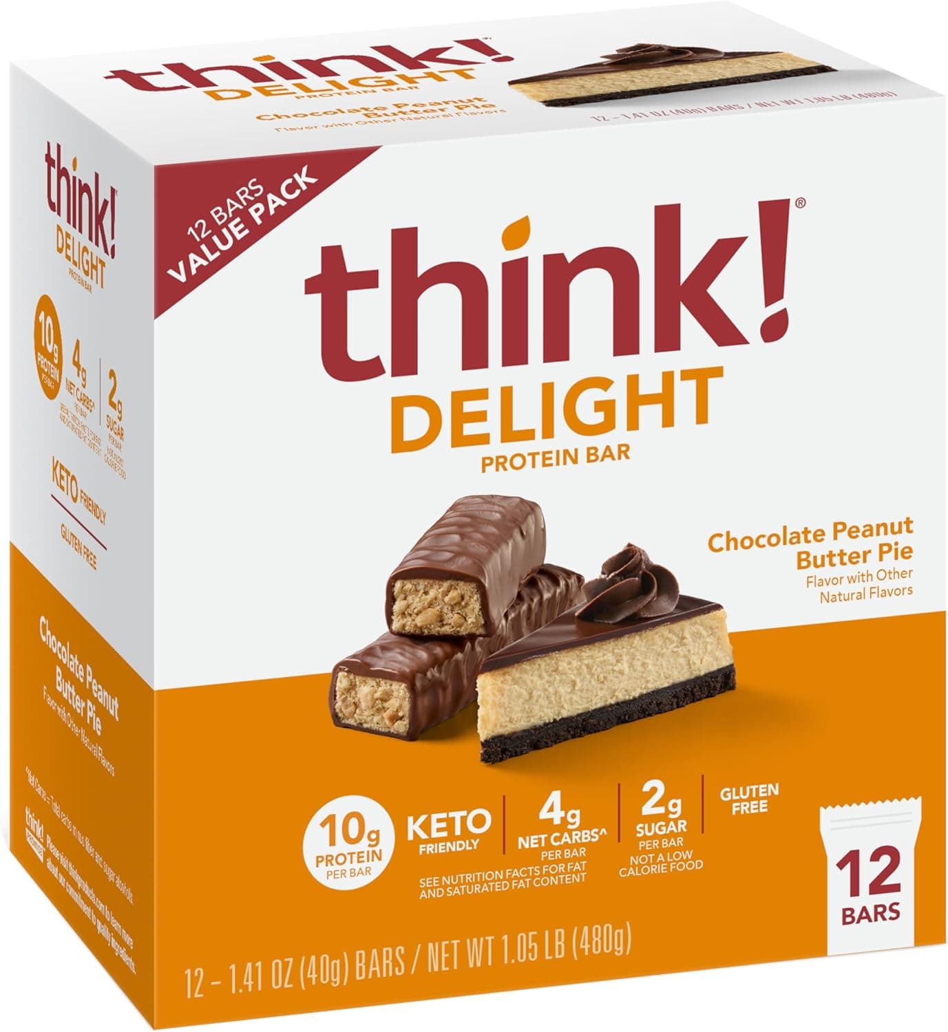 think! Delight Protein Bars, Chocolate Peanut Butter Pie, Low Sugar & Low Carb Gluten-Free Snack, Keto Friendly Snacks, 12 Count (Packaging May Vary) - nullg protein protein bars