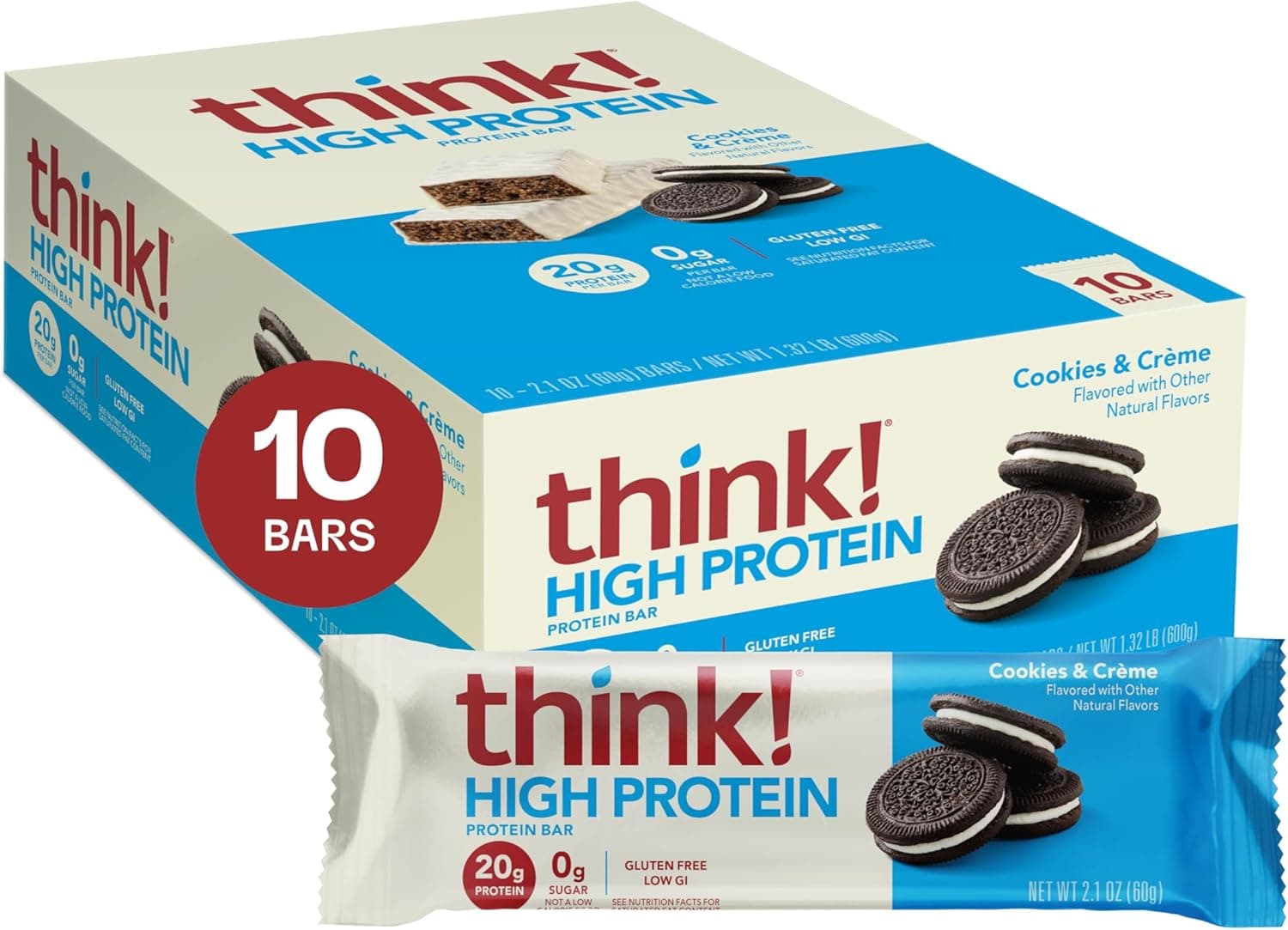 think! Protein Bars, High Protein Snacks, Gluten Free, Kosher Friendly, Cookies and Crème, Nutrition Bars, 2.1 Oz per Bar, 10 Count (Packaging May Vary) - nullg protein protein bars
