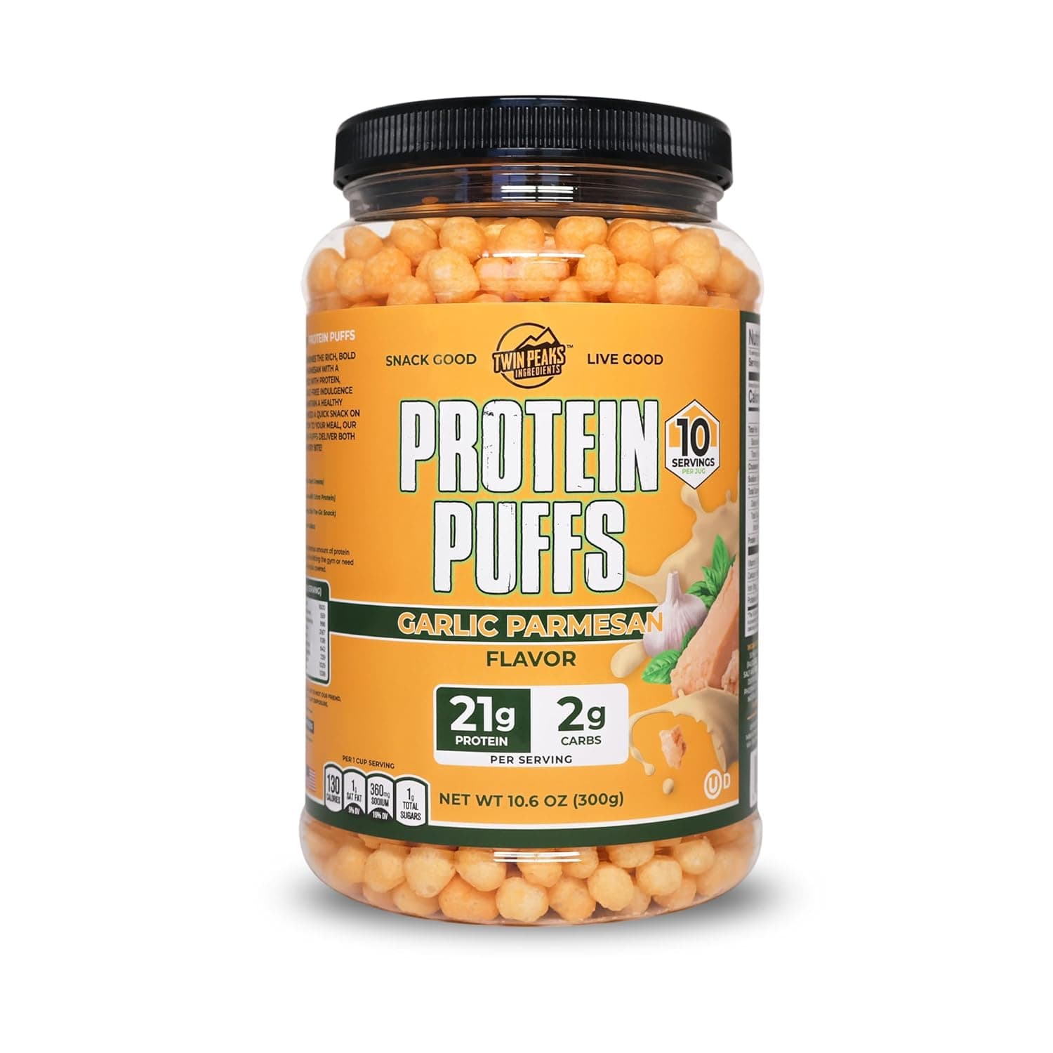 Twin Peaks Protein Puffs - (Garlic Parmesan), Keto Friendly, Low Carb Snack (300g, 21g Protein, 2g Net Carbs, High Protein, Healthy Crunchy Snack) by Twin Peaks - nullg protein