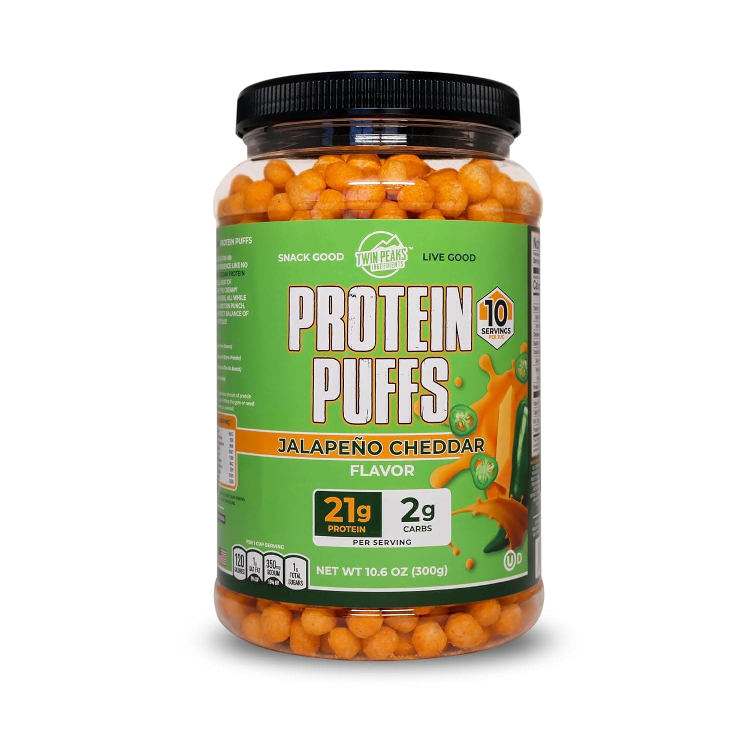 Twin Peaks Protein Puffs - (Jalapeno Cheddar), Keto Friendly, Low Carb Snack (300g, 21g Protein, 2g Net Carbs, High Protein, Healthy Crunchy Snack) by Twin Peaks - nullg protein